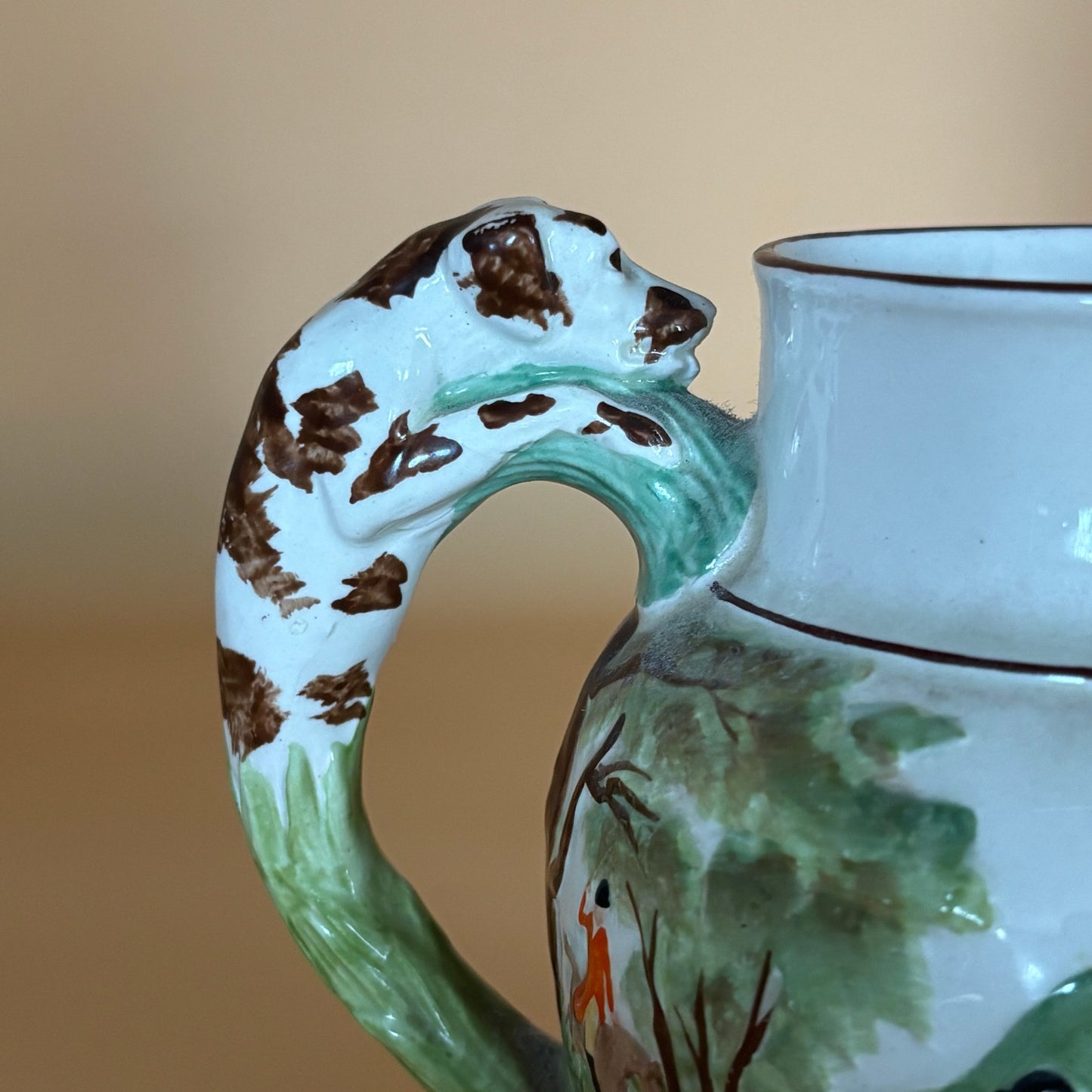Antique Staffordshire Style Fox Hunt Pitcher with RARE Staple Repair