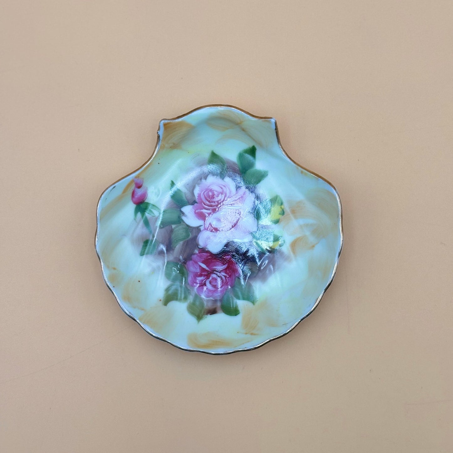 Hand-Painted Vintage Pink Rose Porcelain Shell Dish