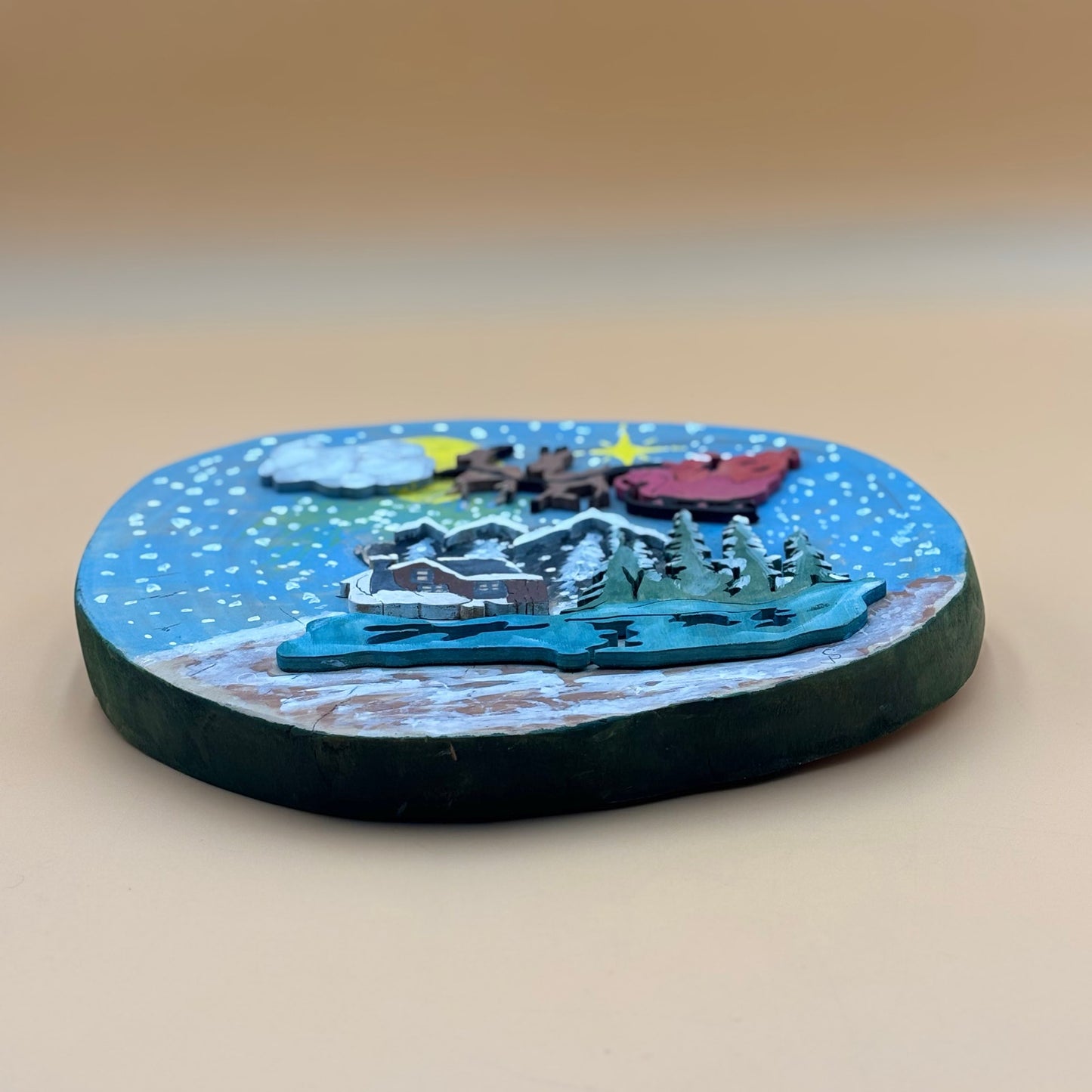 Handmade Painted Wood Slice Christmas Wall Hanging – Cabin & Sleigh Scene