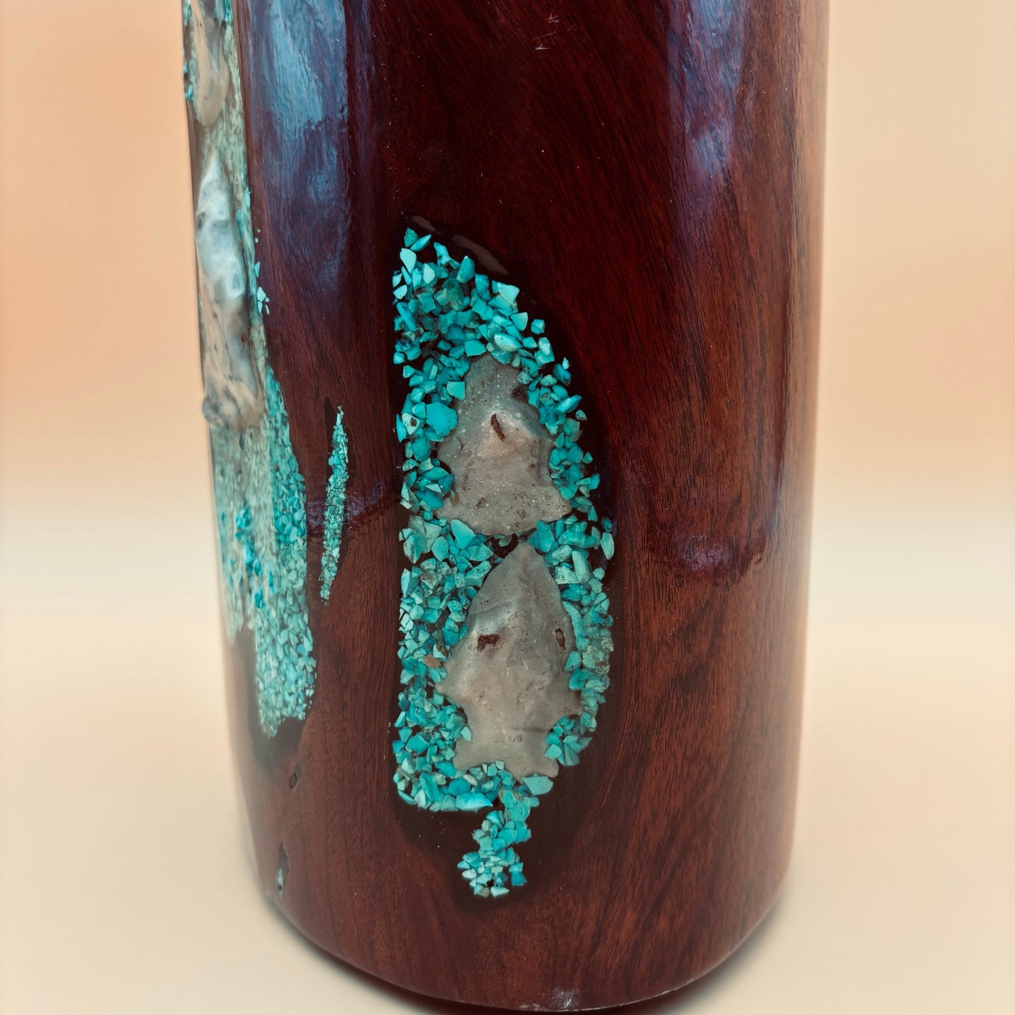 Hand-Carved Burlwood Vessel with Turquoise & Arrowhead Inlay