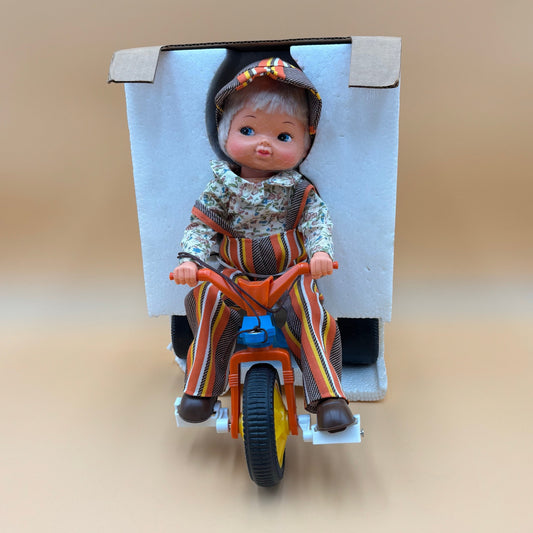 Vintage 1978 Playmates Pull Toy – Tricycle Doll with Striped Overalls