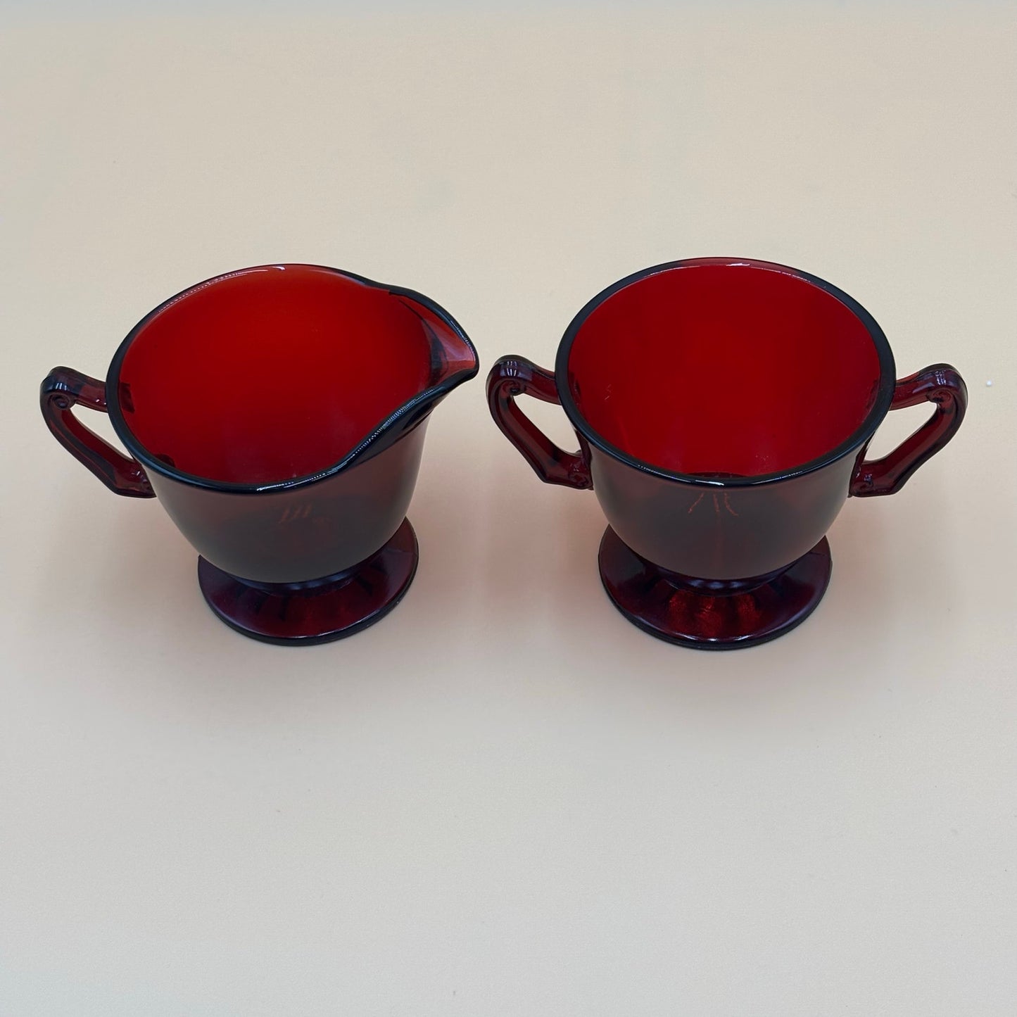 Vintage Ruby Red Glass Creamer & Sugar Set - Starburst Bottom