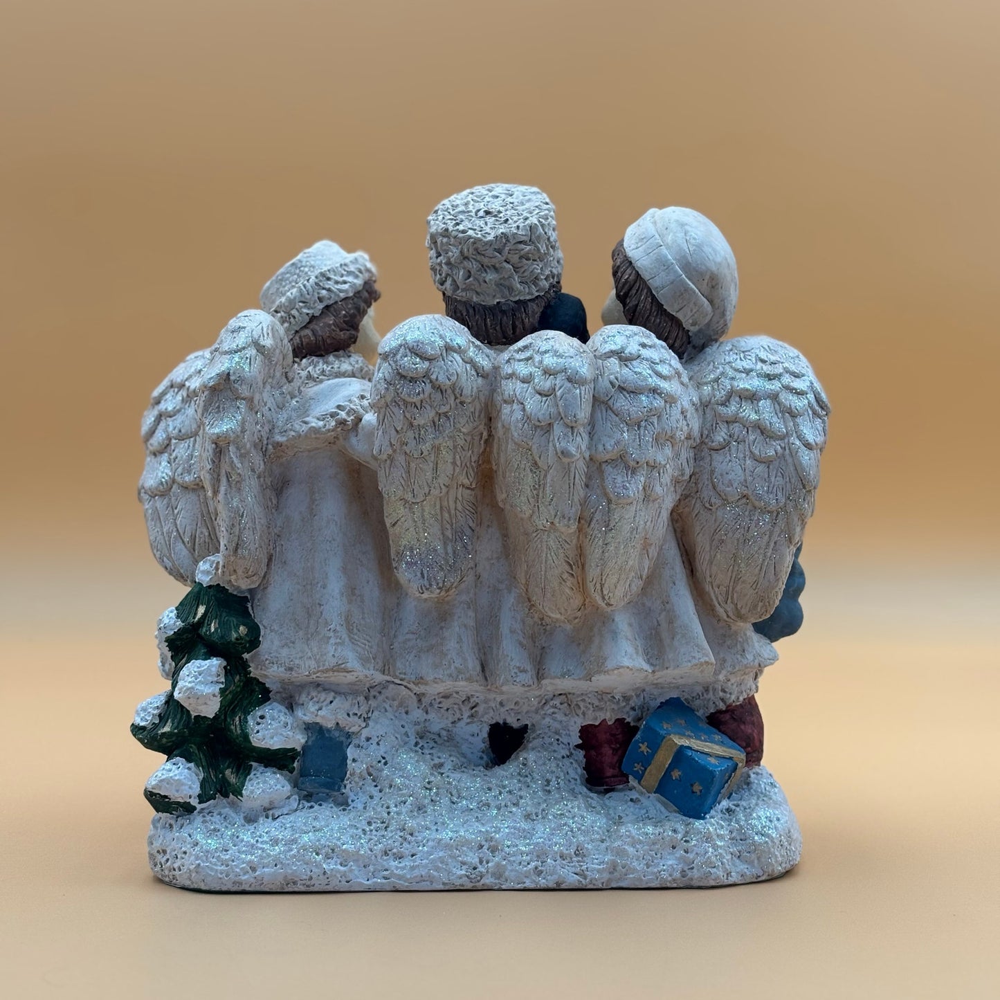Three Angels Christmas Figurine with Gifts and Glitter Accents