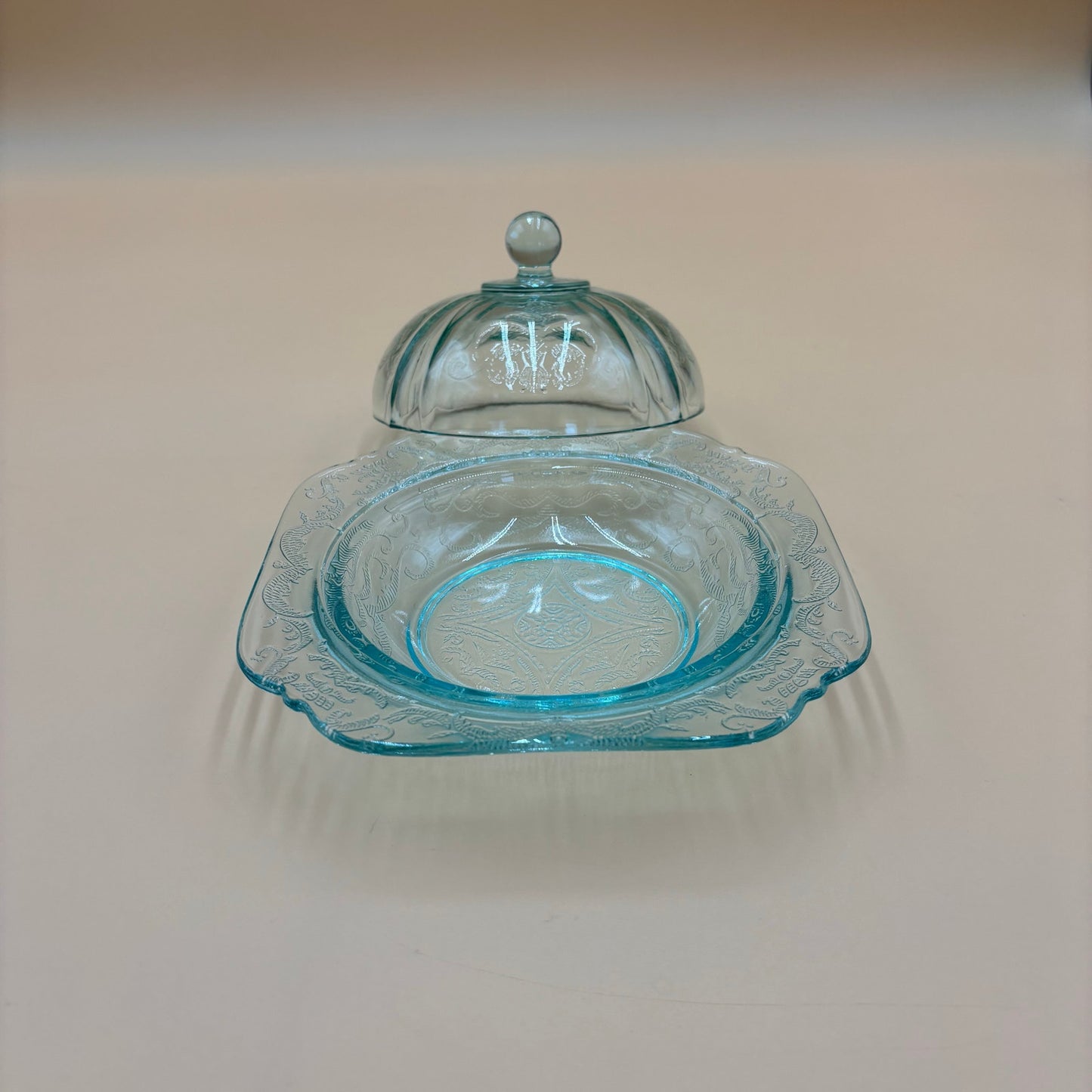 Depression Glass Butter Dish – Aqua Blue Etched Dome with Square Base