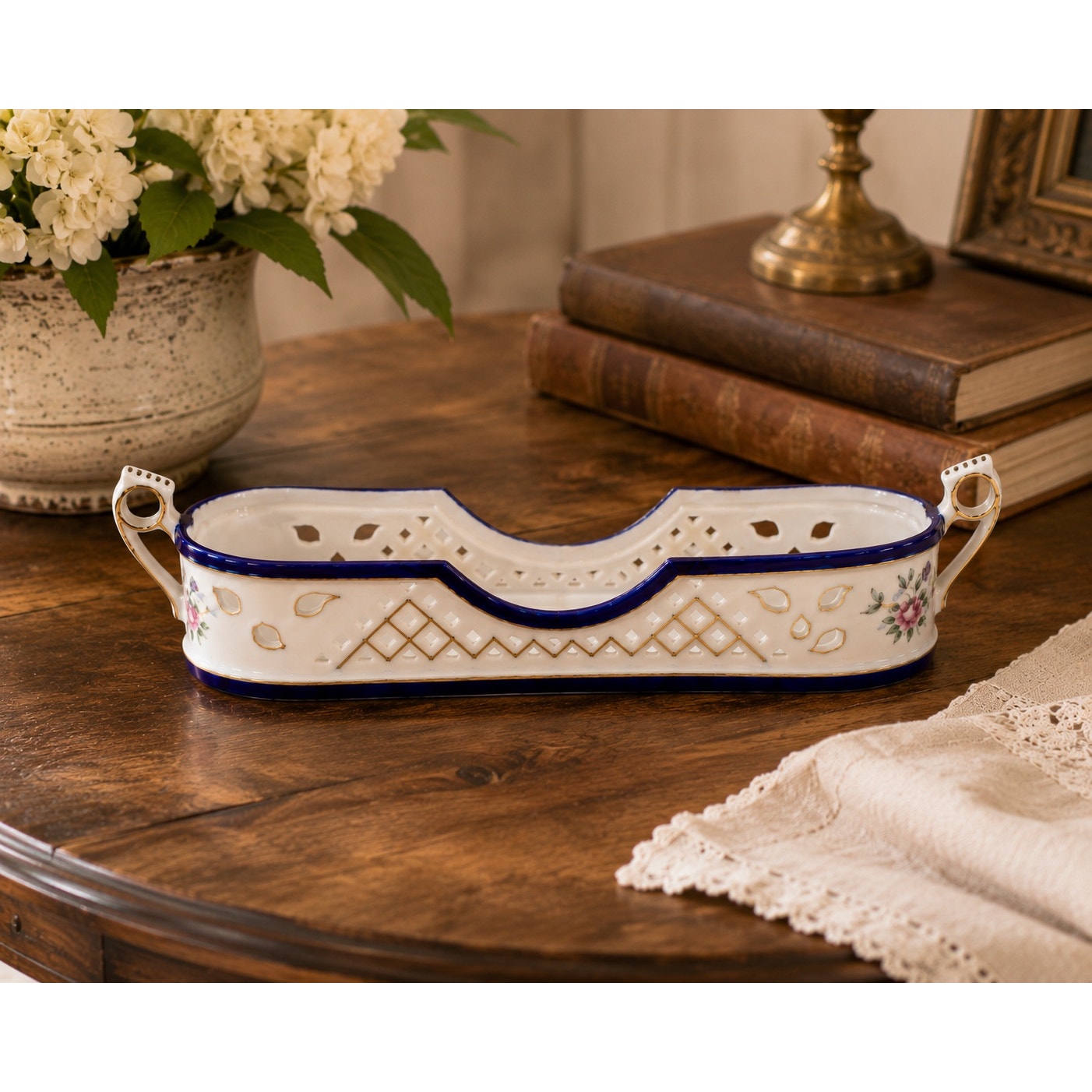 Imperial Limoges France Porcelain Utensil Holder Caddy Floral Cobalt Blue Gold Trim