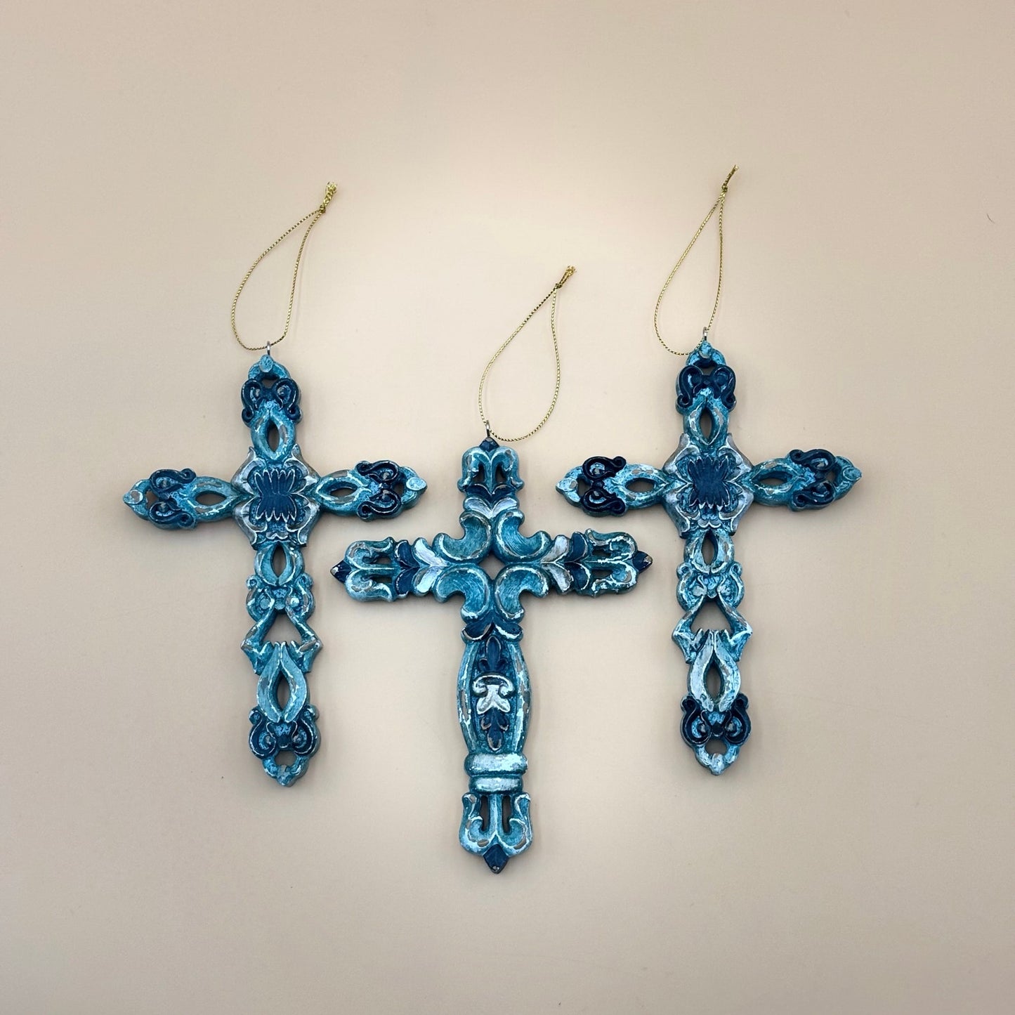 Set of Three 7″ Cross Ornaments — Turquoise, Silver, and Brown Tones