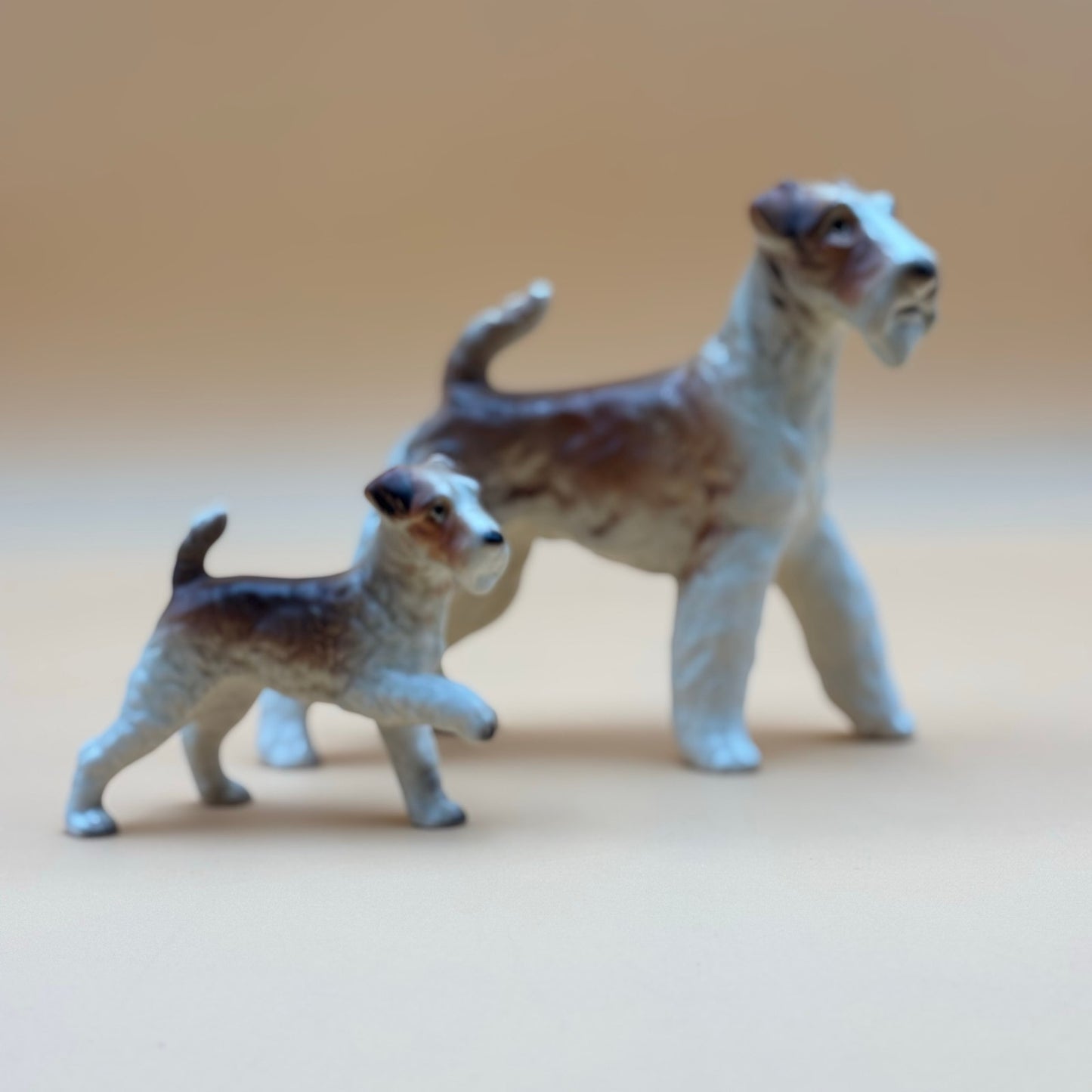 Vintage Lifelike Playful Porcelain Wire Fox Terrier Dog Figurines Set