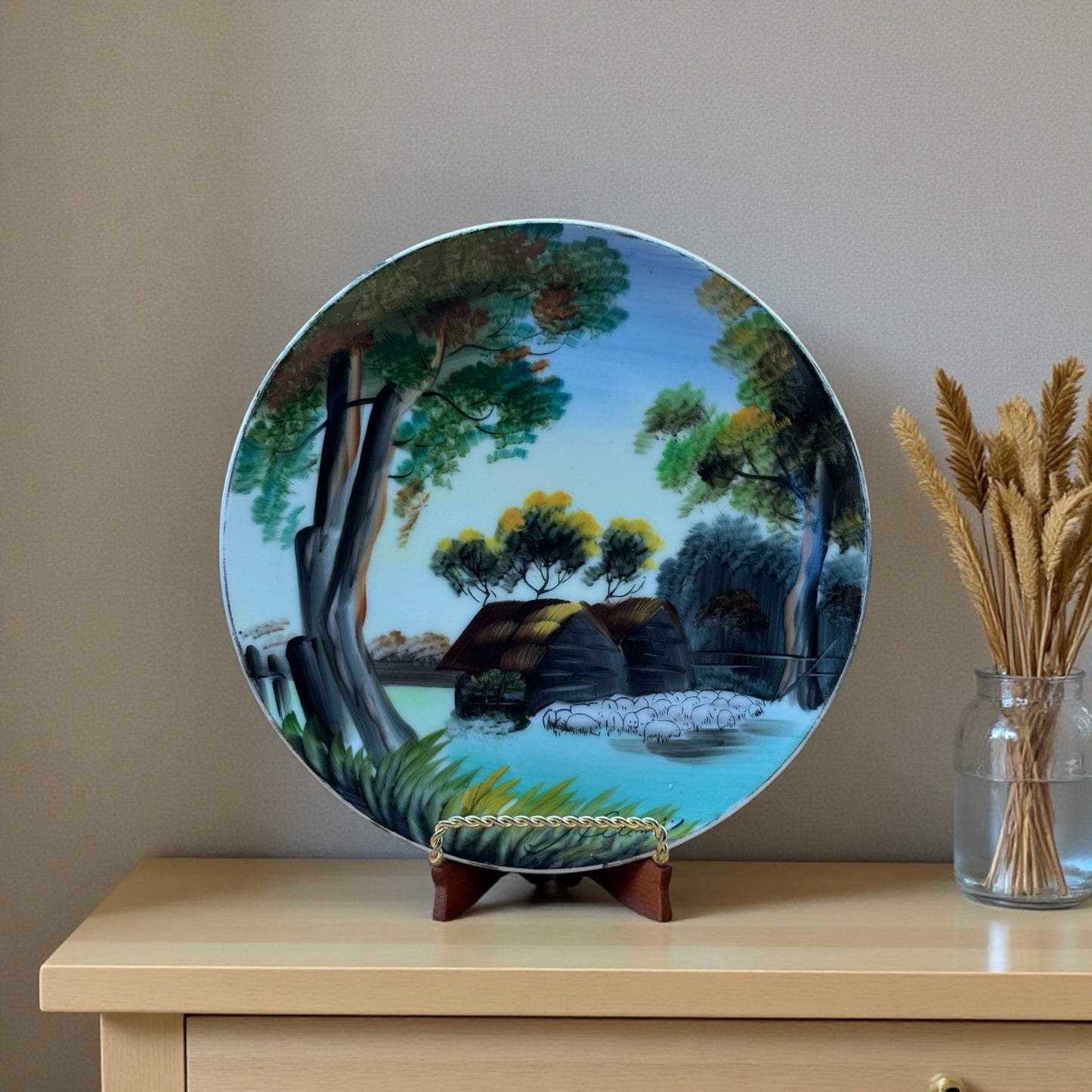Vintage Hand-Painted Japanese Landscape Plate – Signed Hitomi  8.25 in.