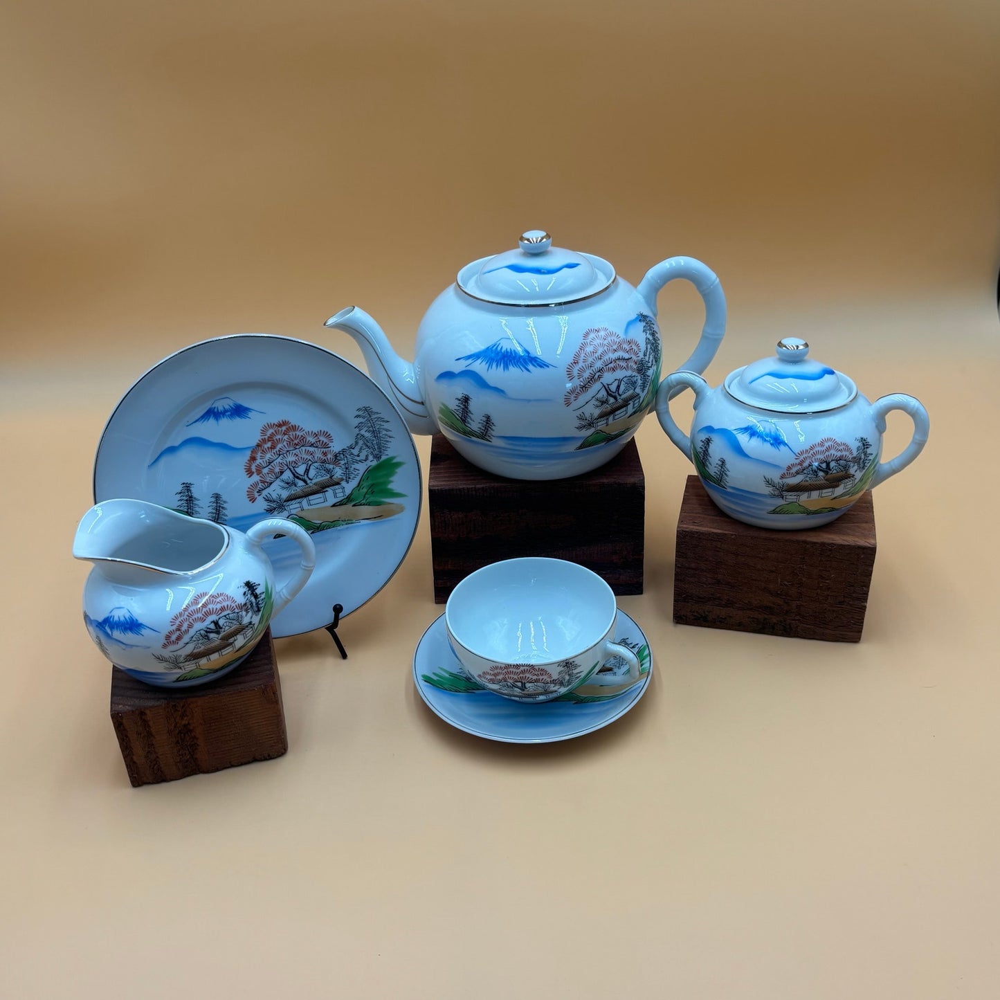 Vintage Ritz China Hand Painted Japanese Tea Set - Mt. Fuji Scene 18 Pieces