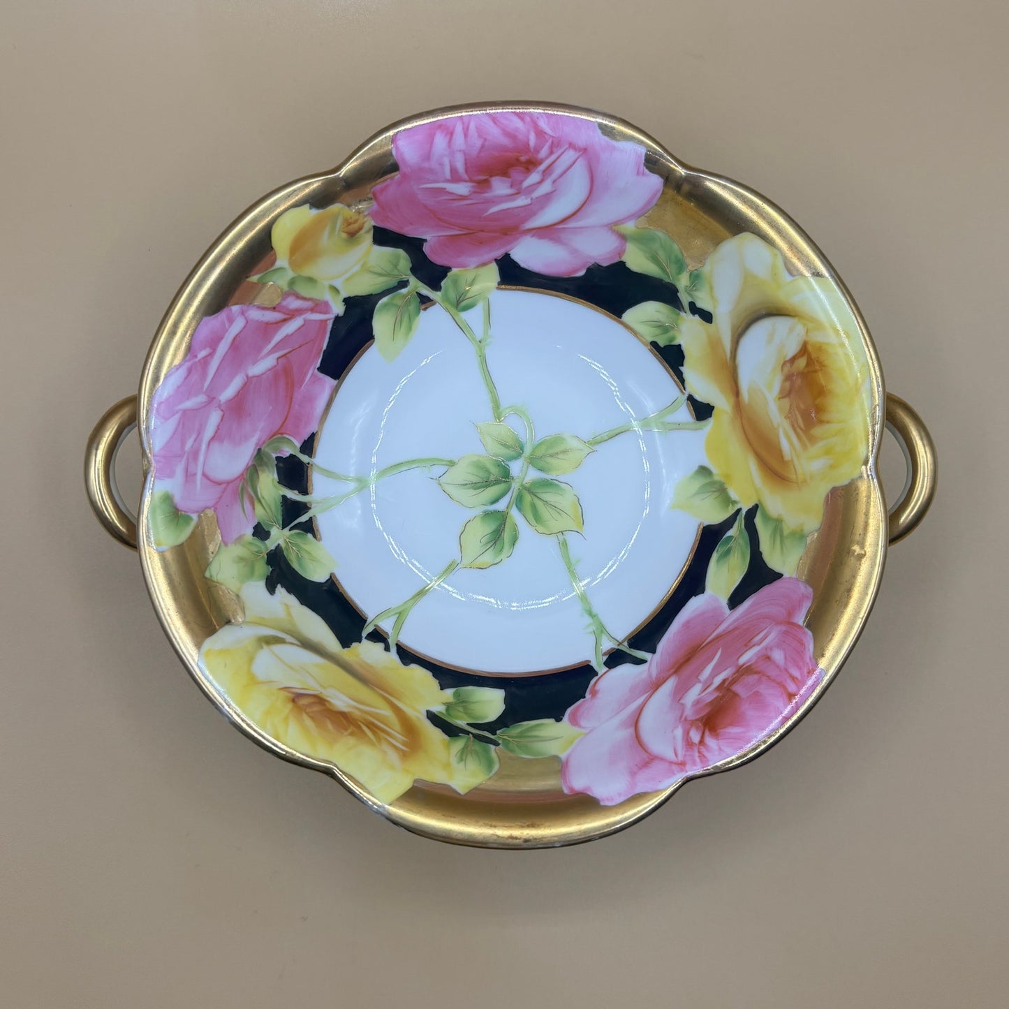 Noritake Green Wreath Yellow Pink Roses Black Gold Handled Bowl