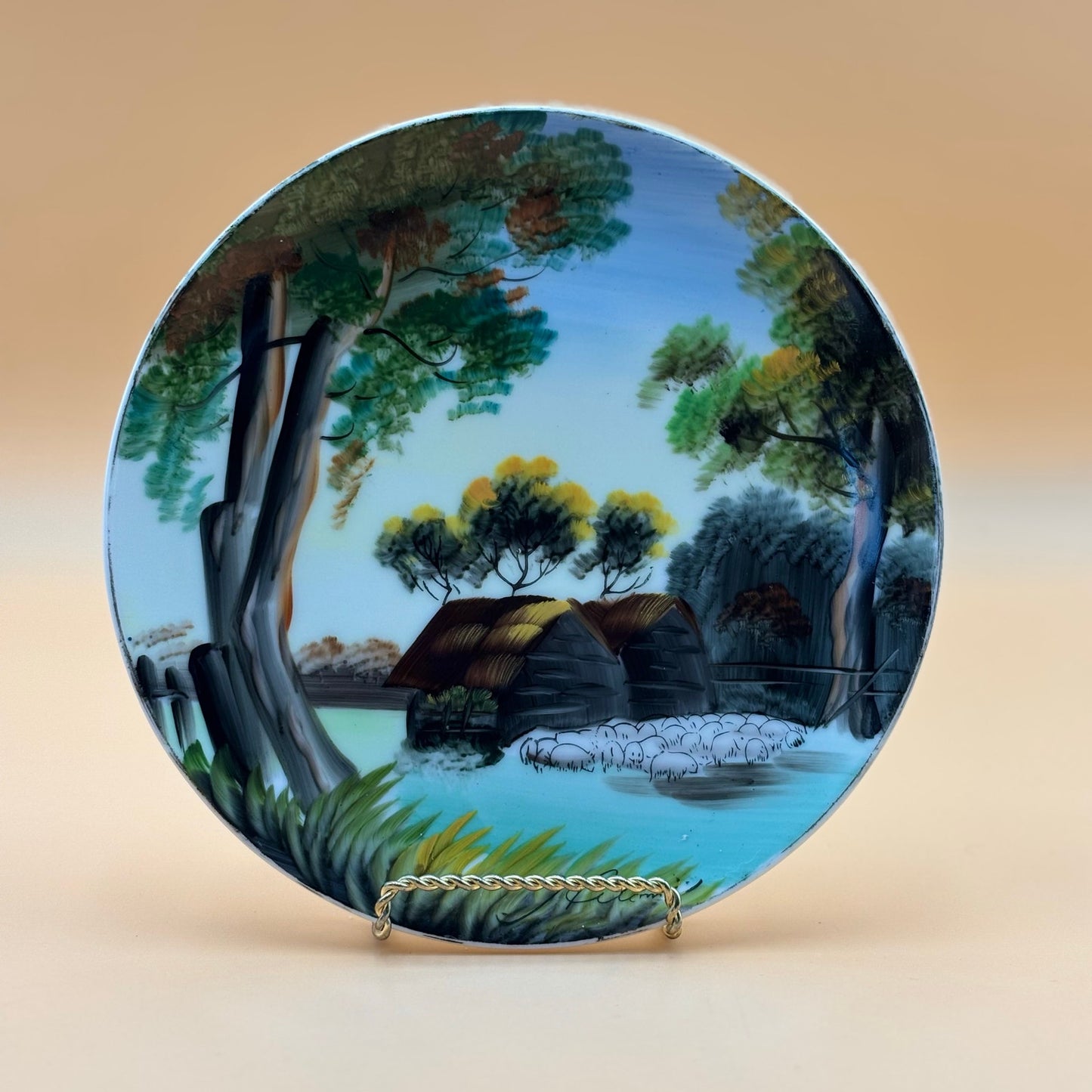 Vintage Hand-Painted Japanese Landscape Plate – Signed Hitomi  8.25 in.