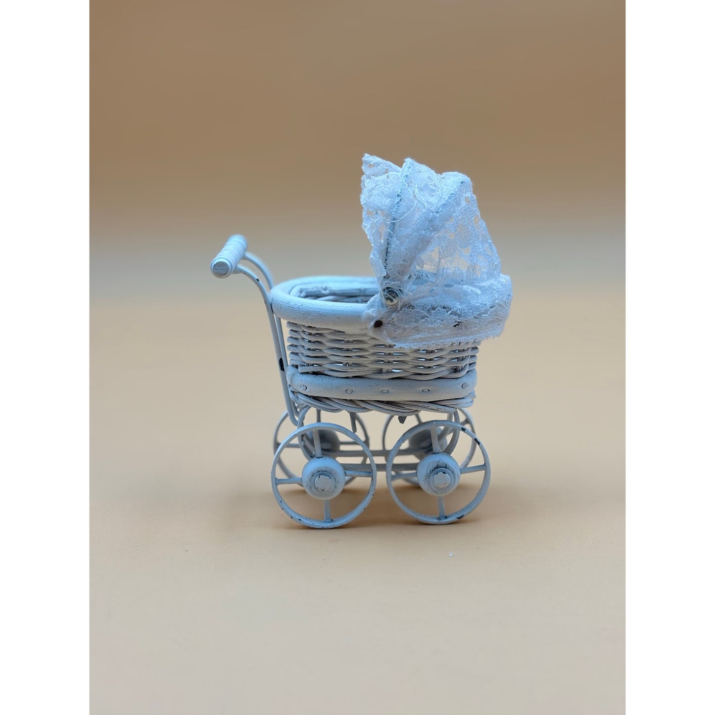 Miniature White Wicker Doll Buggy with Lace Canopy