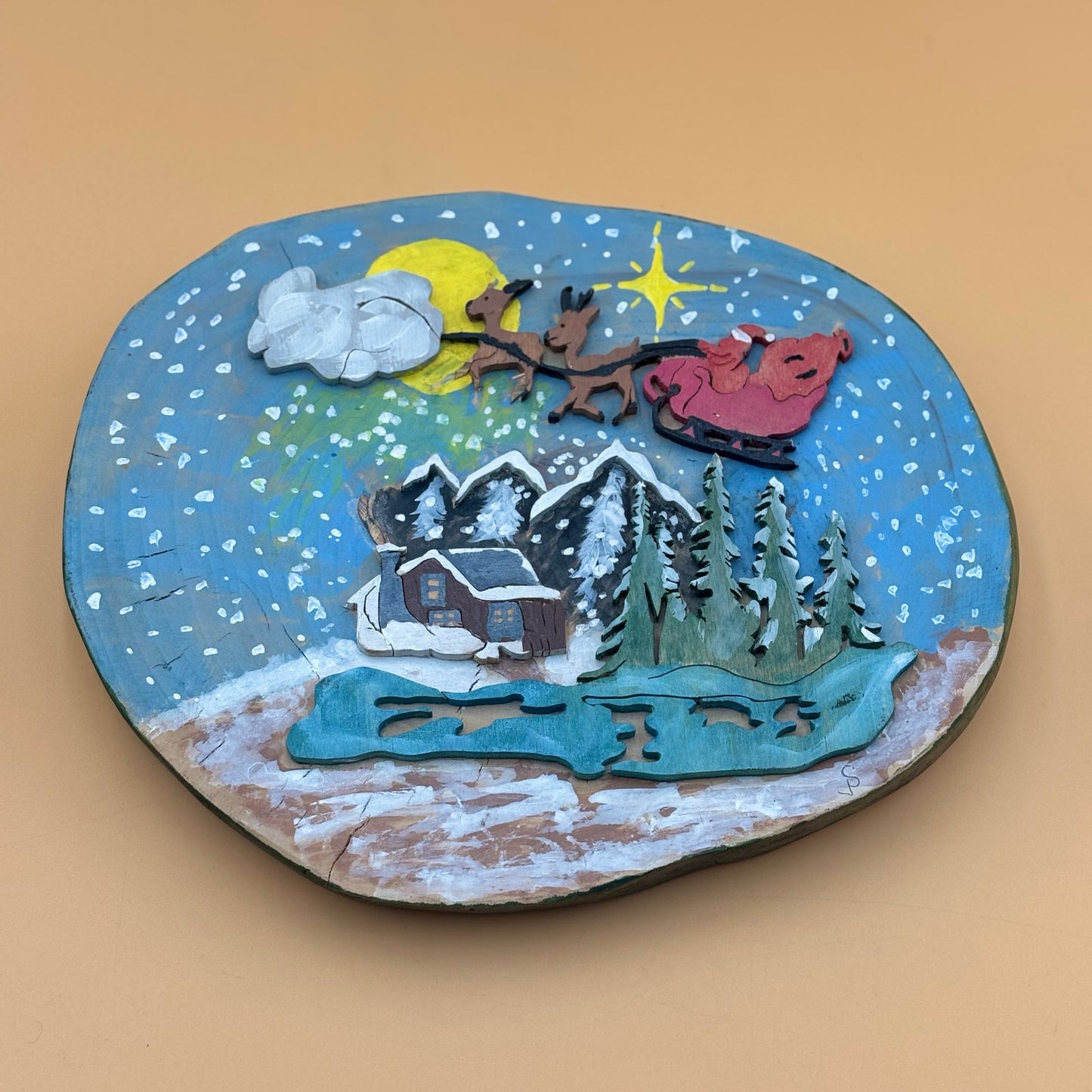 Handmade Painted Wood Slice Christmas Wall Hanging – Cabin & Sleigh Scene