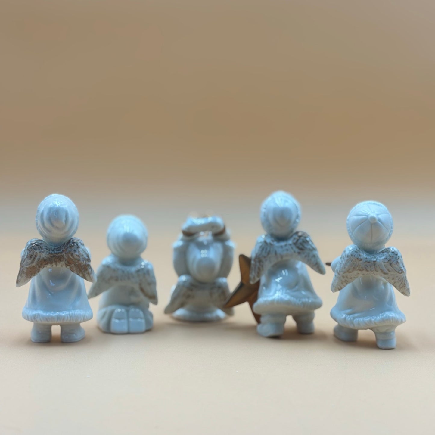 Set of 5 Vintage Ceramic Winter Angels with Gold Accents