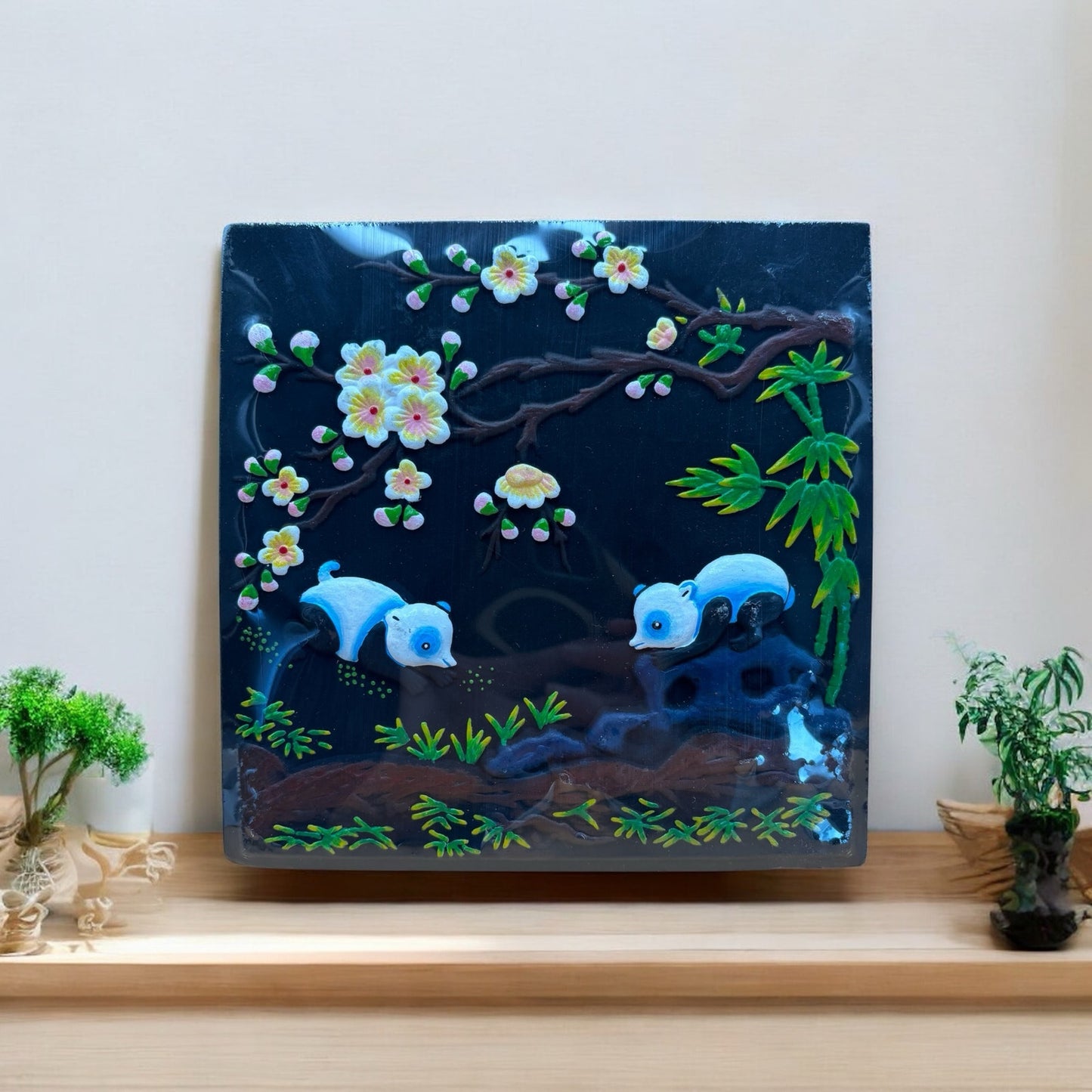Hand-Painted Panda & Cherry Blossom Plaque – Sealed Decorative Art with Easel