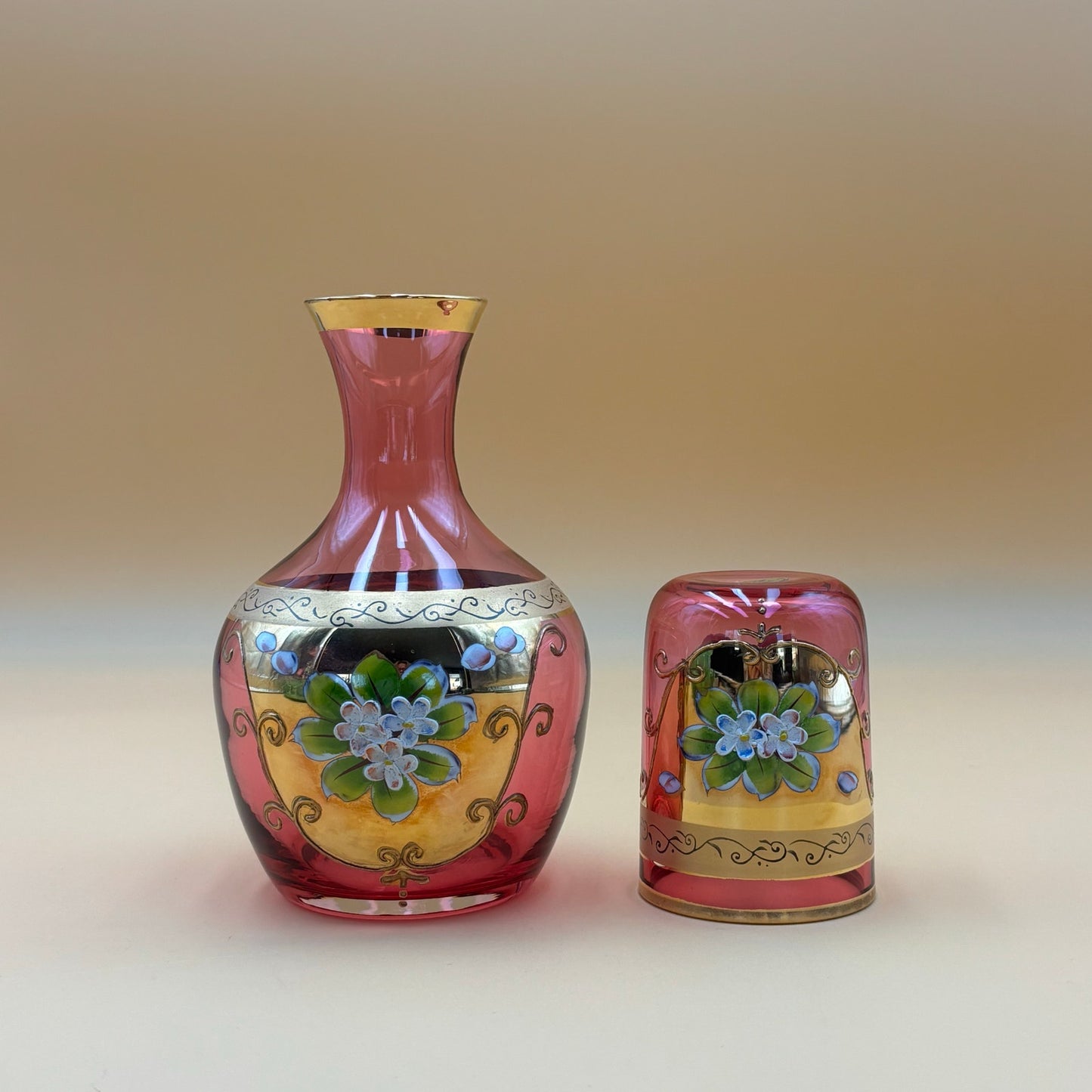 Hand Painted Pink Glass Tumble Up Decanter & Tumbler Set, A.A. Importing Co. Japan