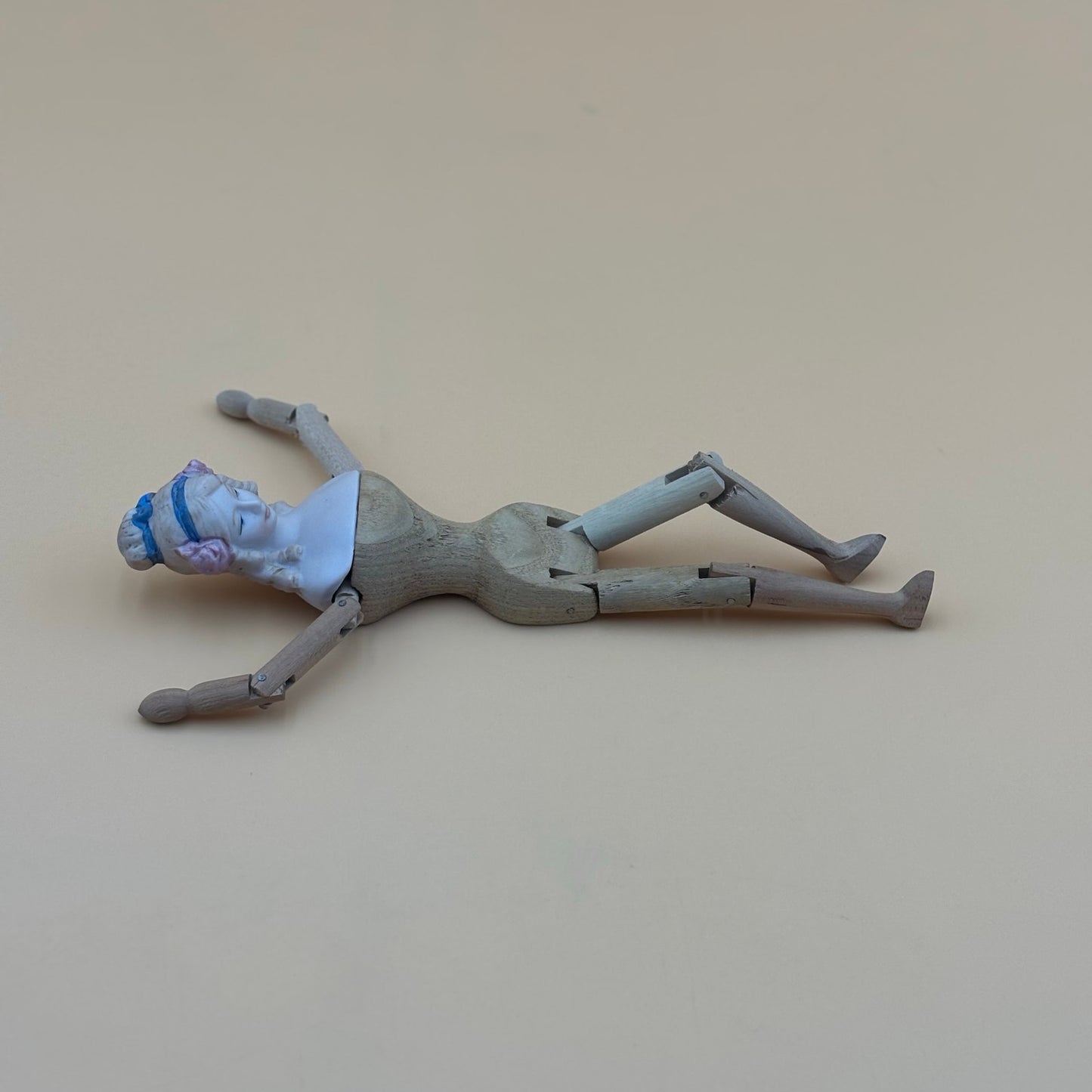 Shackman Bisque and Wood Jointed Doll 9.5 in with Blue Ribbon