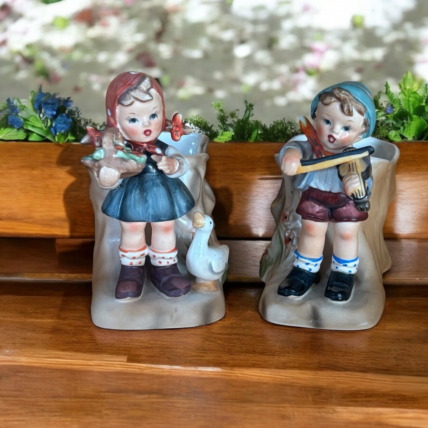Enesco Figurine Vintage Planters – Boy with Violin & Girl with Basket – Set of 2