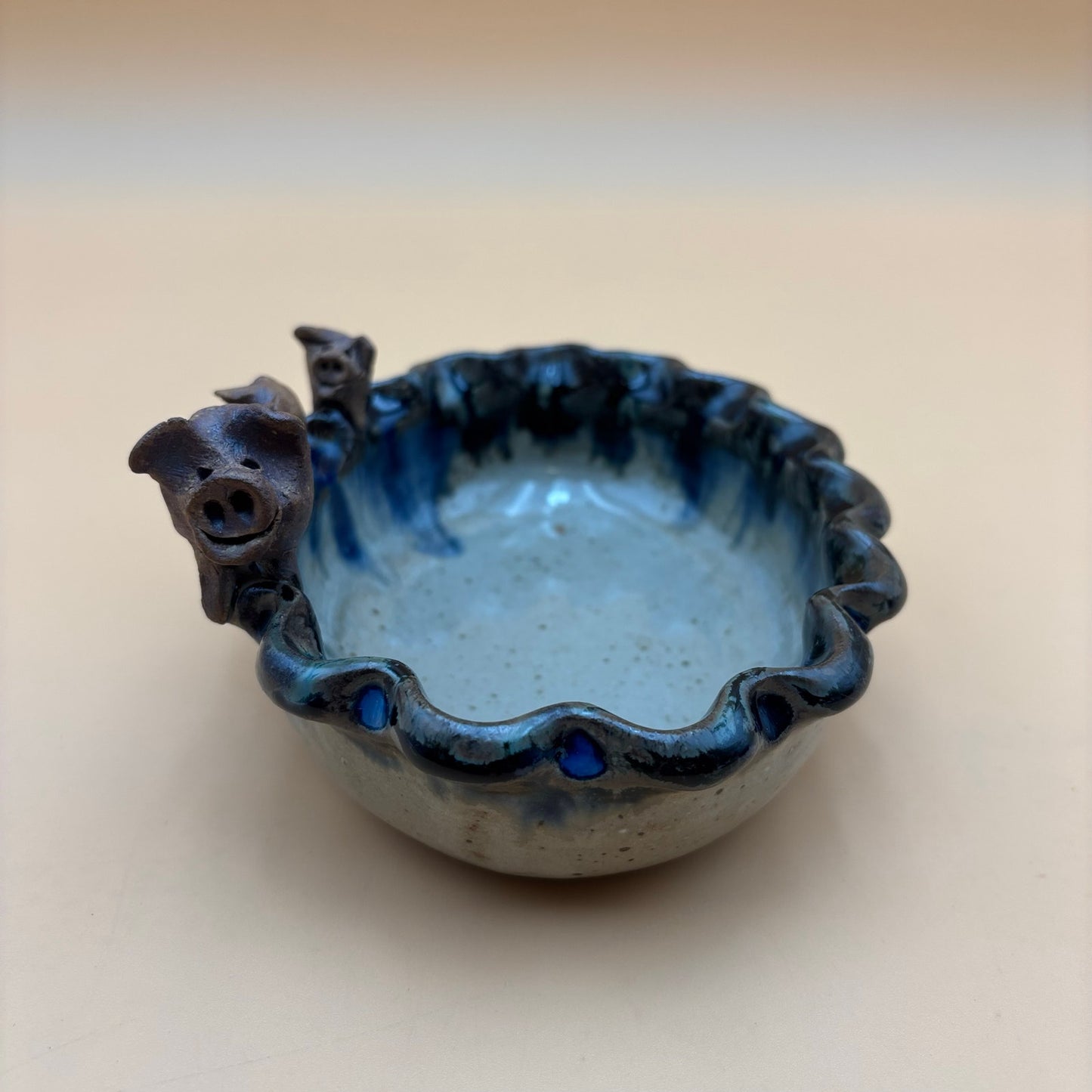 Handmade Pig Trio Blue & Brown Glazed Pottery Bowl