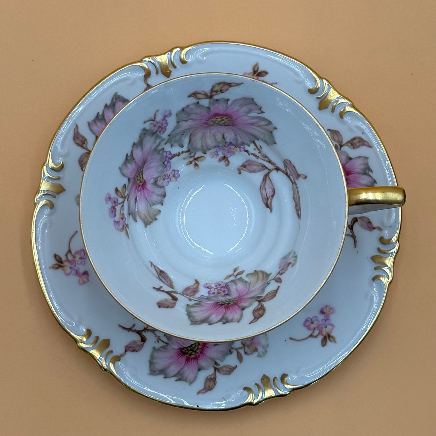 Vintage Mitterteich Bavaria Dogwood Teacup & Saucer - Gold Trim