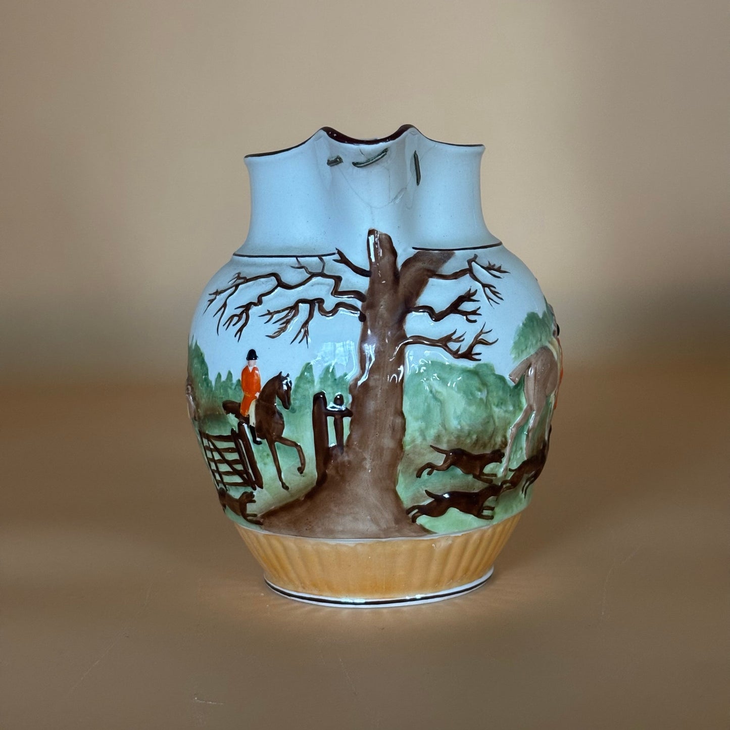 Antique Staffordshire Style Fox Hunt Pitcher with RARE Staple Repair