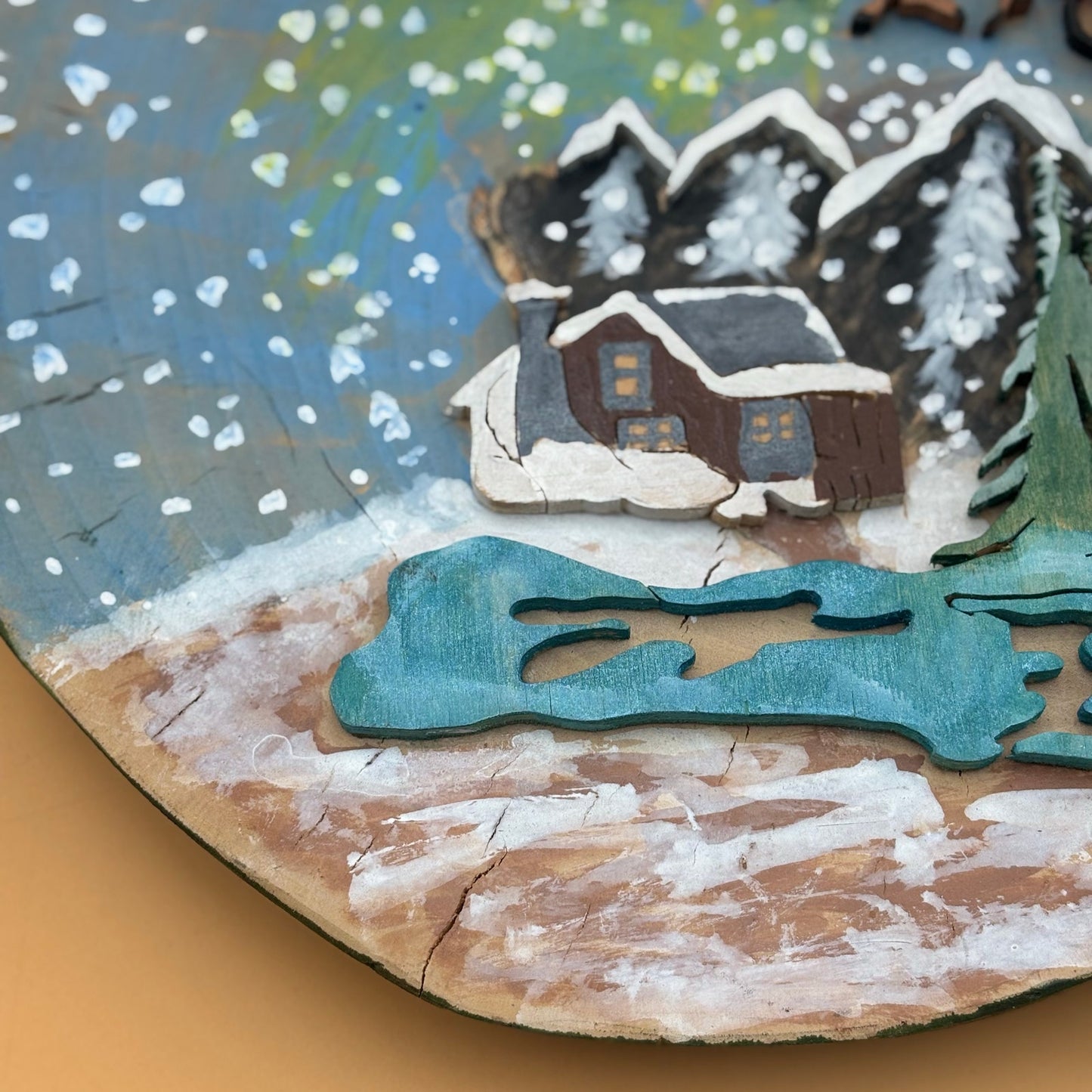 Handmade Painted Wood Slice Christmas Wall Hanging – Cabin & Sleigh Scene