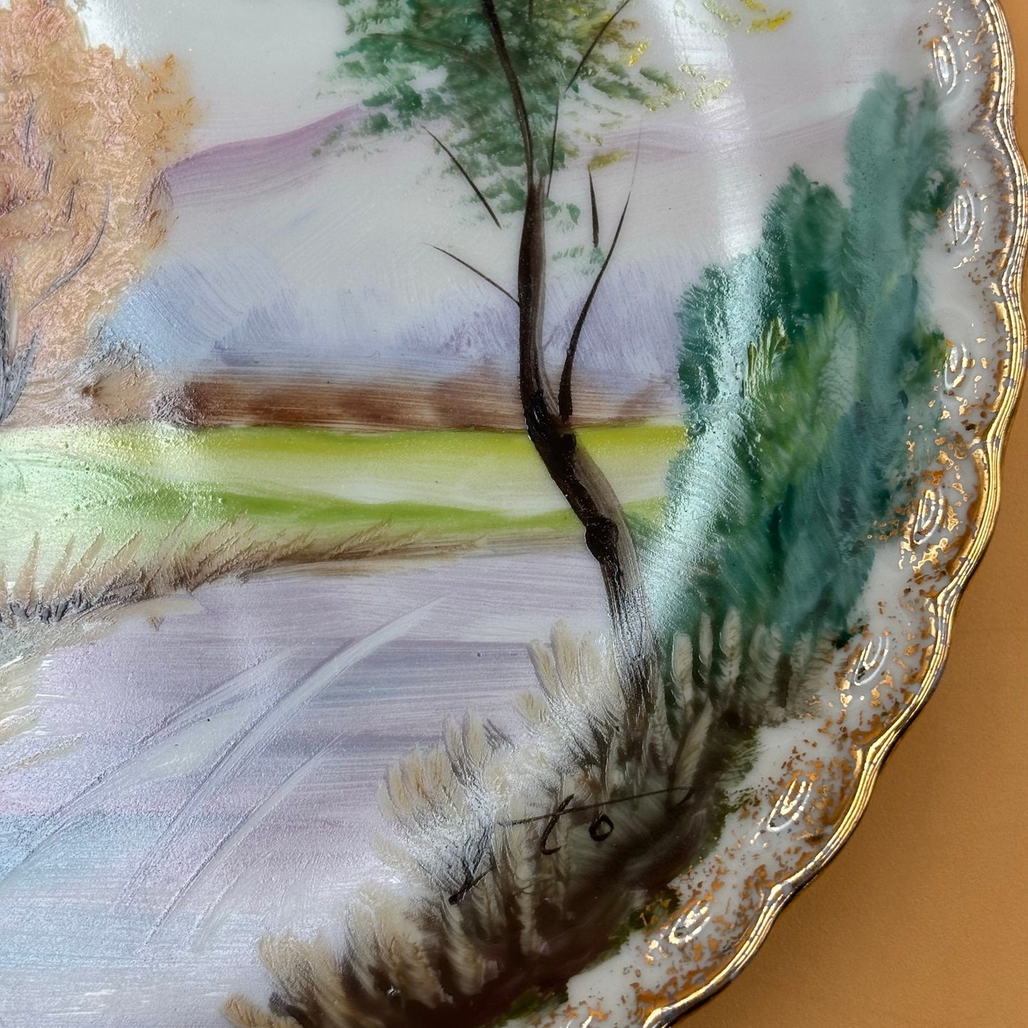Vintage Hand Gold Trimmed Painted Japanese Landscape Plate 8 in.