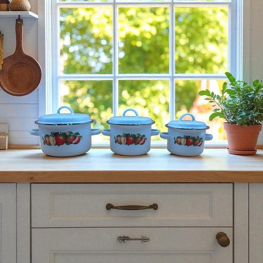 Set of 3 Decorative Apple Enamel Pots – Made in Indonesia