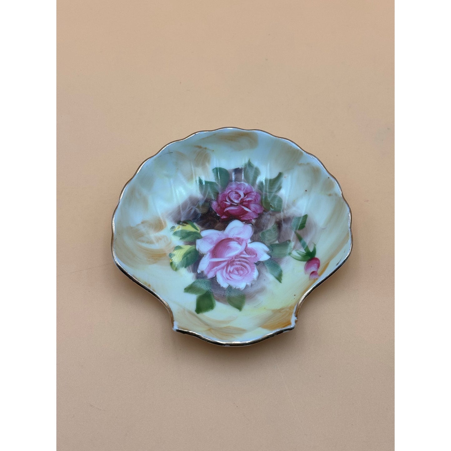 Hand-Painted Vintage Pink Rose Porcelain Shell Dish