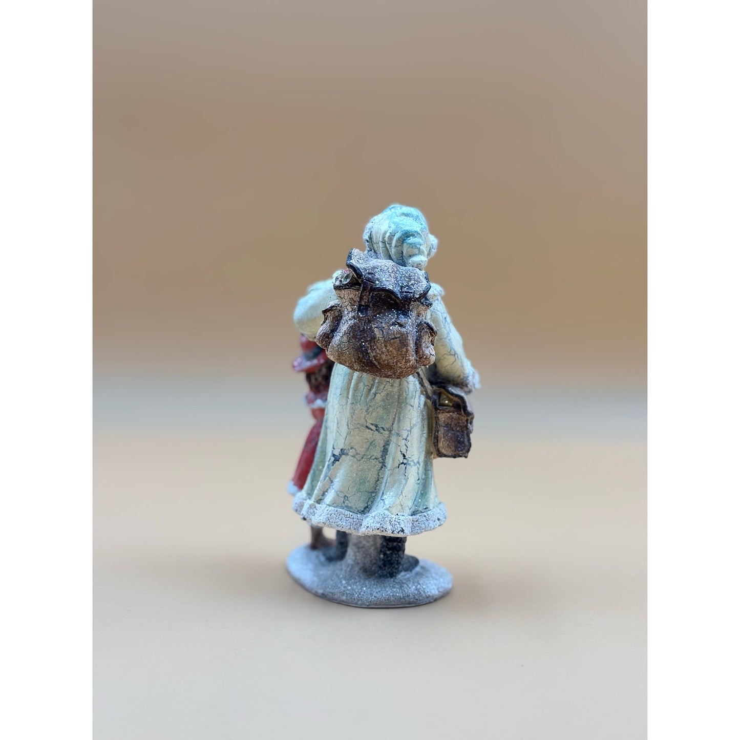 Vintage Crackle Santa and Girl Figurine with Glitter Finish