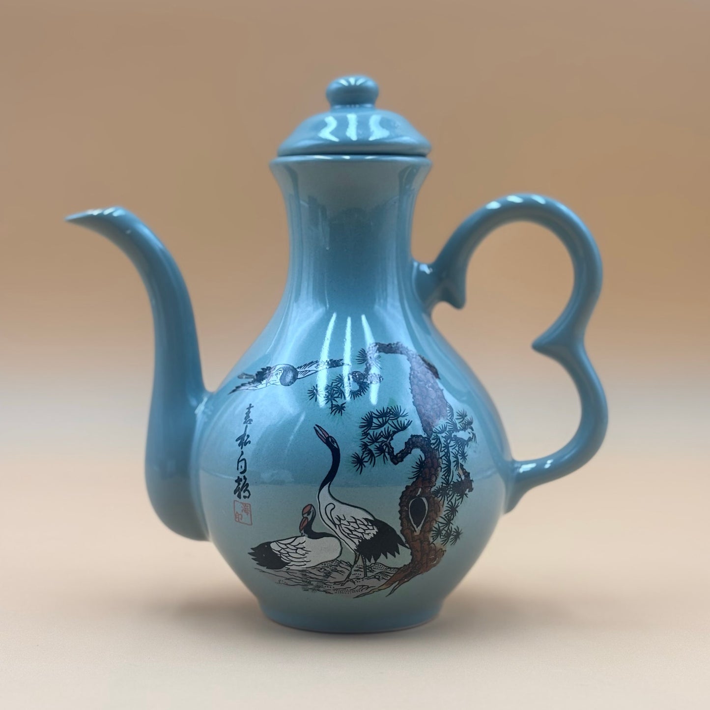 Sage Green Vintage Japanese Sake Pitcher with Bird Motif