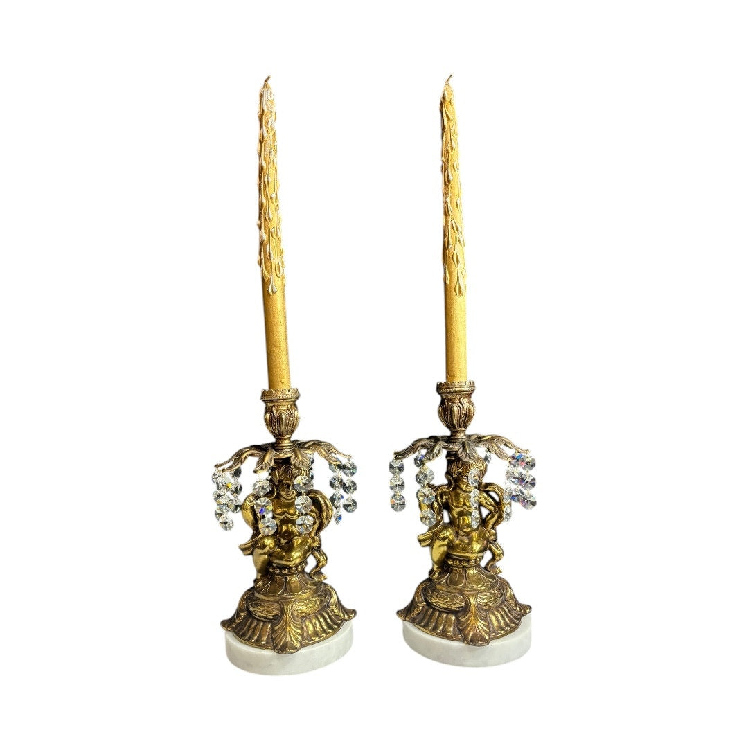 VTG Cherub Candleholders with Marble, Brass, and Crystal Accents Wood Candles