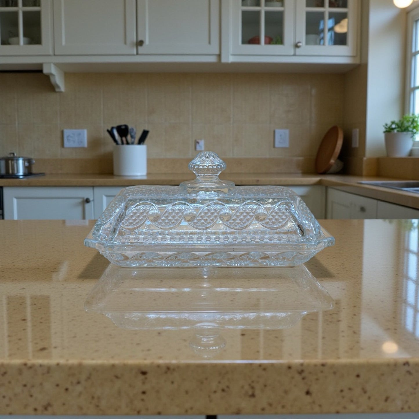 Vintage Avon Pressed Glass Butter Dish with Lid – Diamond Weave Pattern (7”)