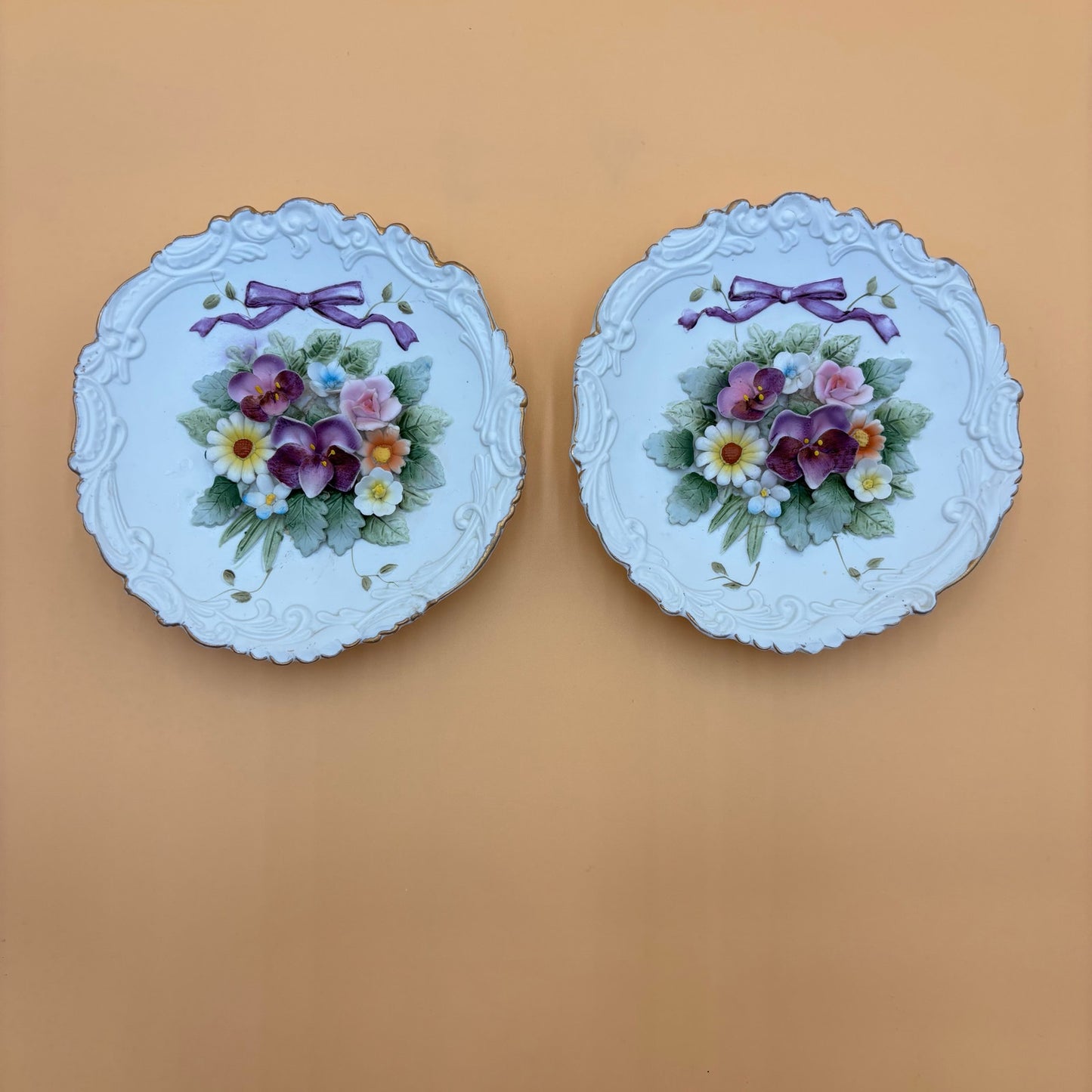 Set of 2 Vintage Lefton China Floral Wall Plaques – Hand Painted – KW4743