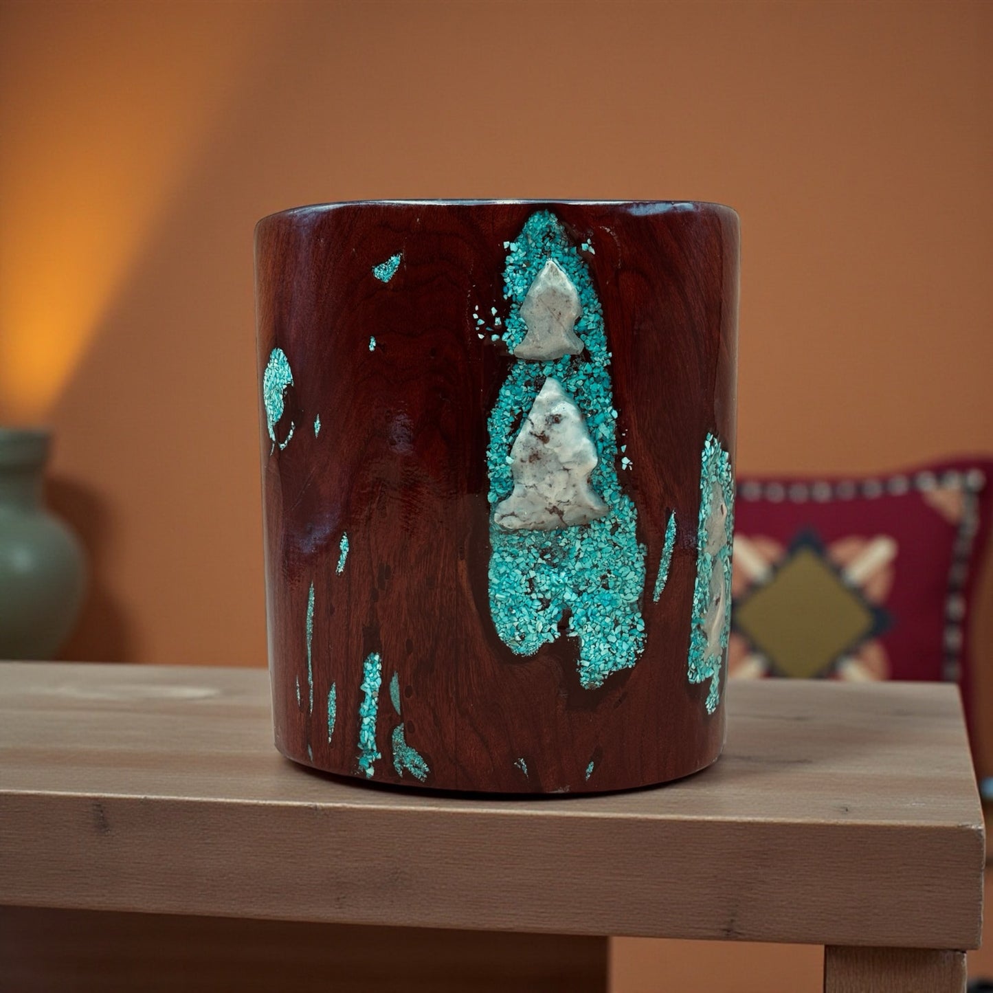 Hand-Carved Burlwood Vessel with Turquoise & Arrowhead Inlay