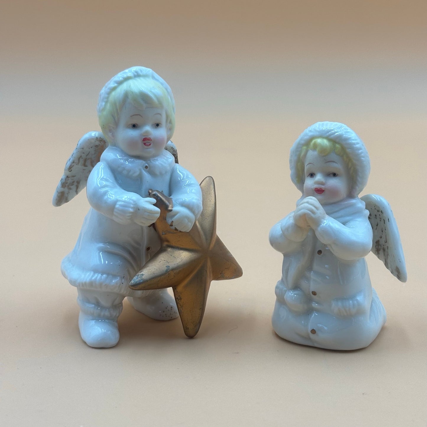 Set of 5 Vintage Ceramic Winter Angels with Gold Accents