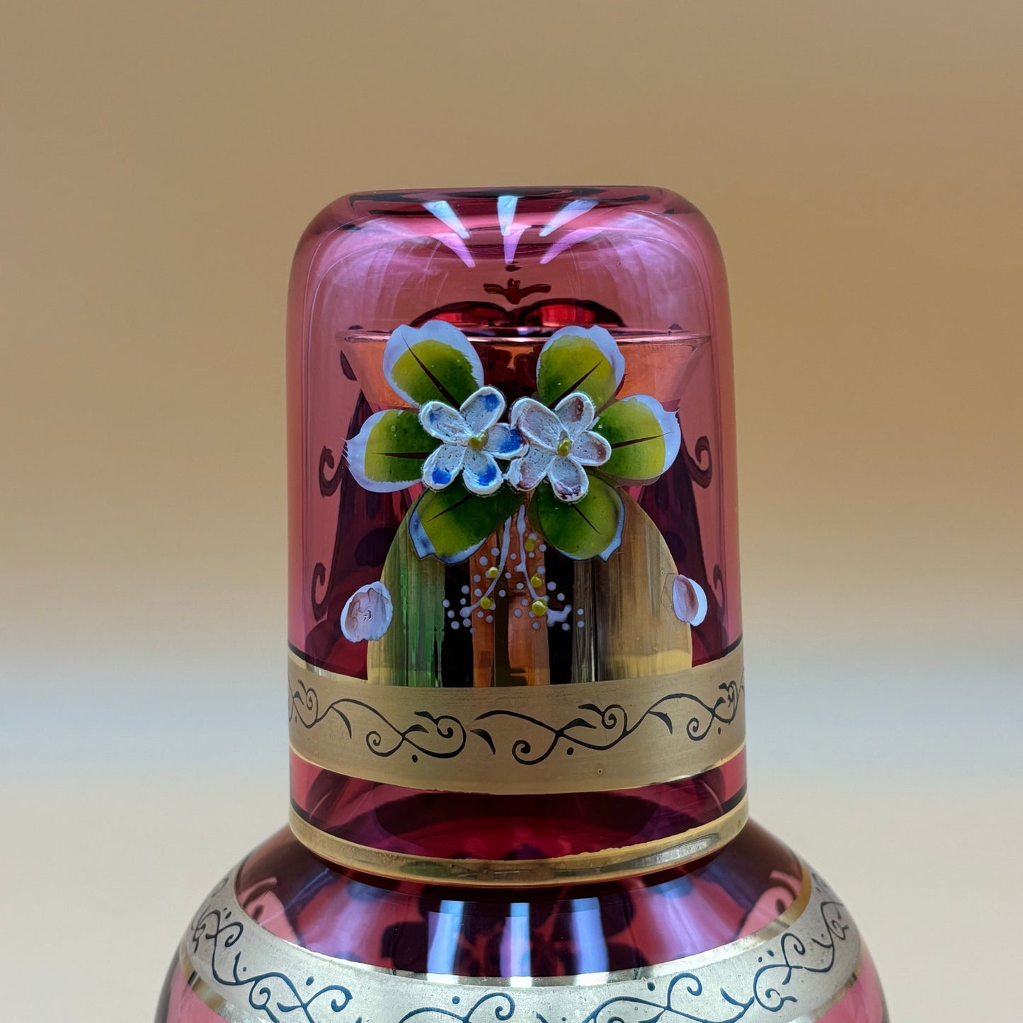 Hand Painted Pink Glass Tumble Up Decanter & Tumbler Set, A.A. Importing Co. Japan