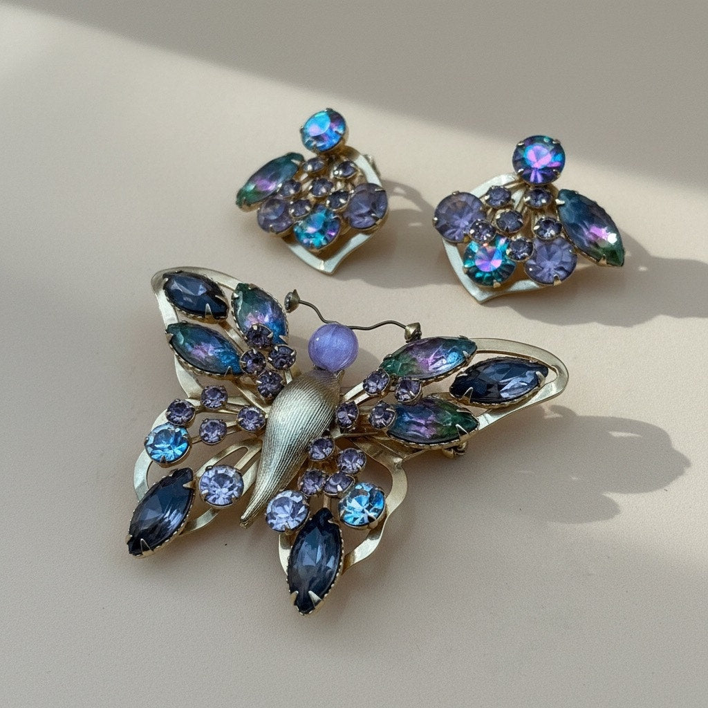 Selro Selini Watermelon Rhinestone Butterfly Brooch & Earrings – Rare Set