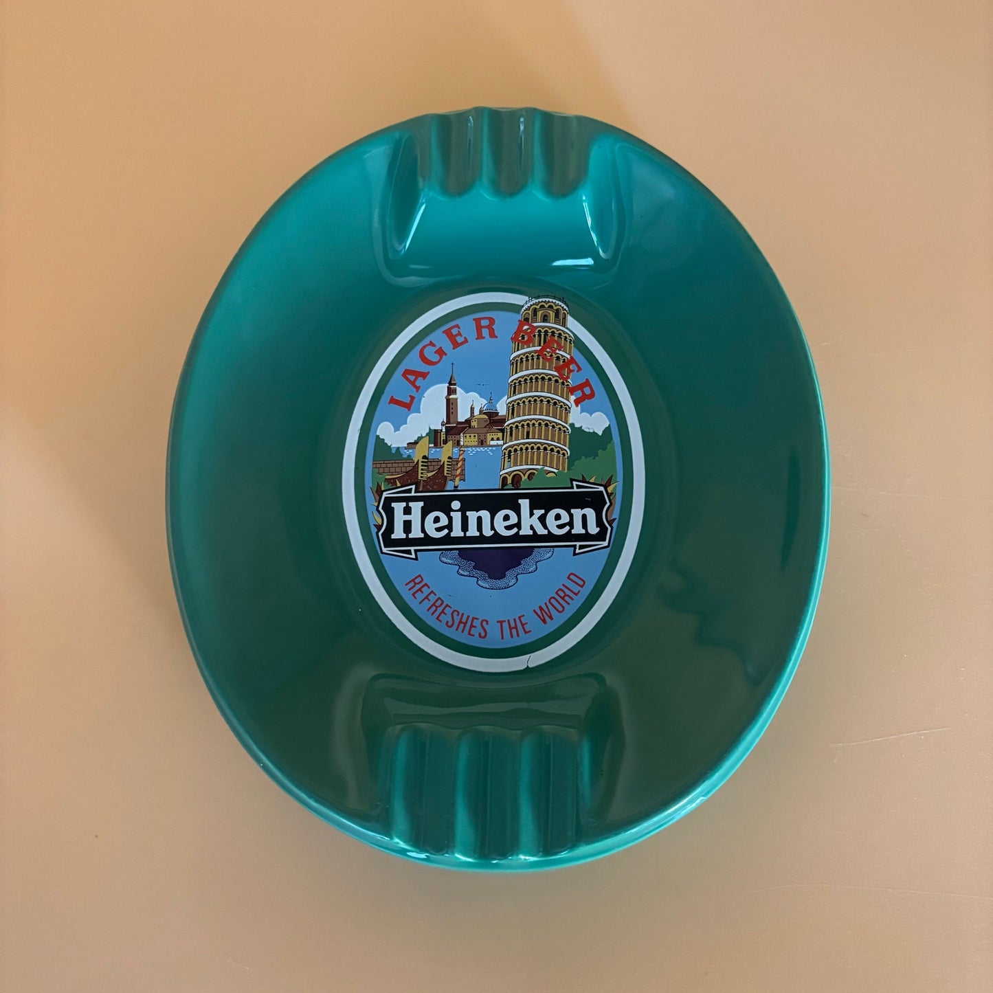 Vintage Heineken Lager Beer Green Glass Ashtray – 7.5” x 9” Heavy Pub Tray