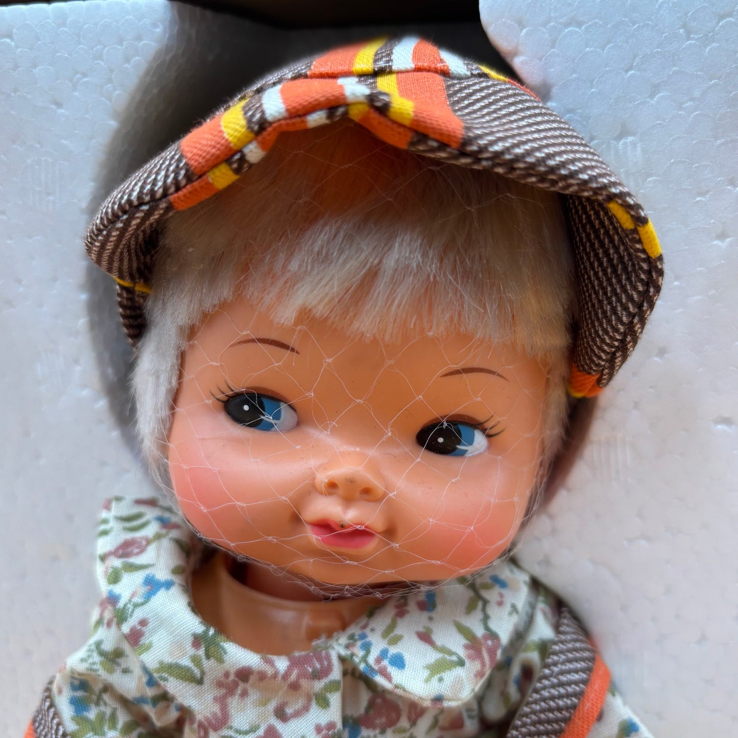 Vintage 1978 Playmates Pull Toy – Tricycle Doll with Striped Overalls