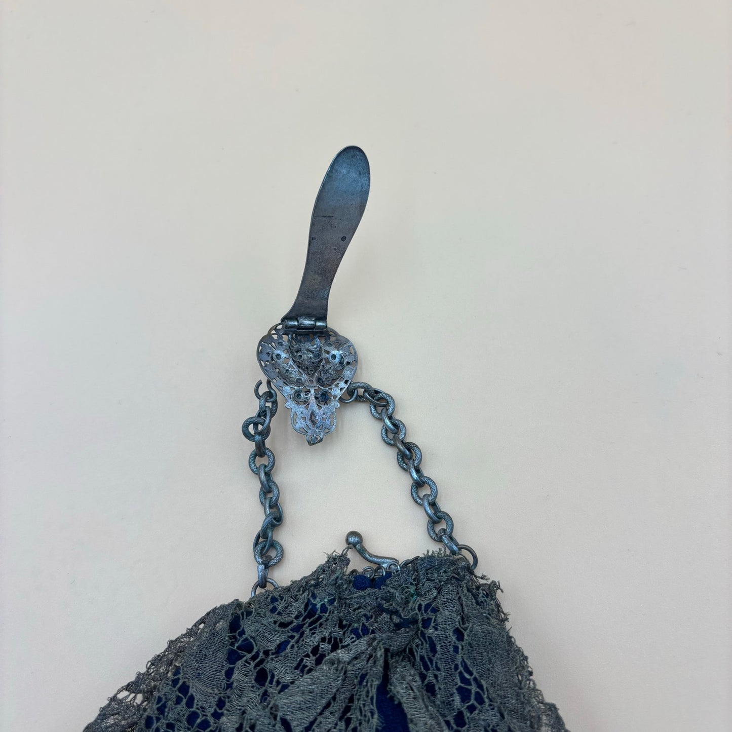 Antique Clip-On Purse with Mirror – Olive Green Lace & Blue Cloth Lining