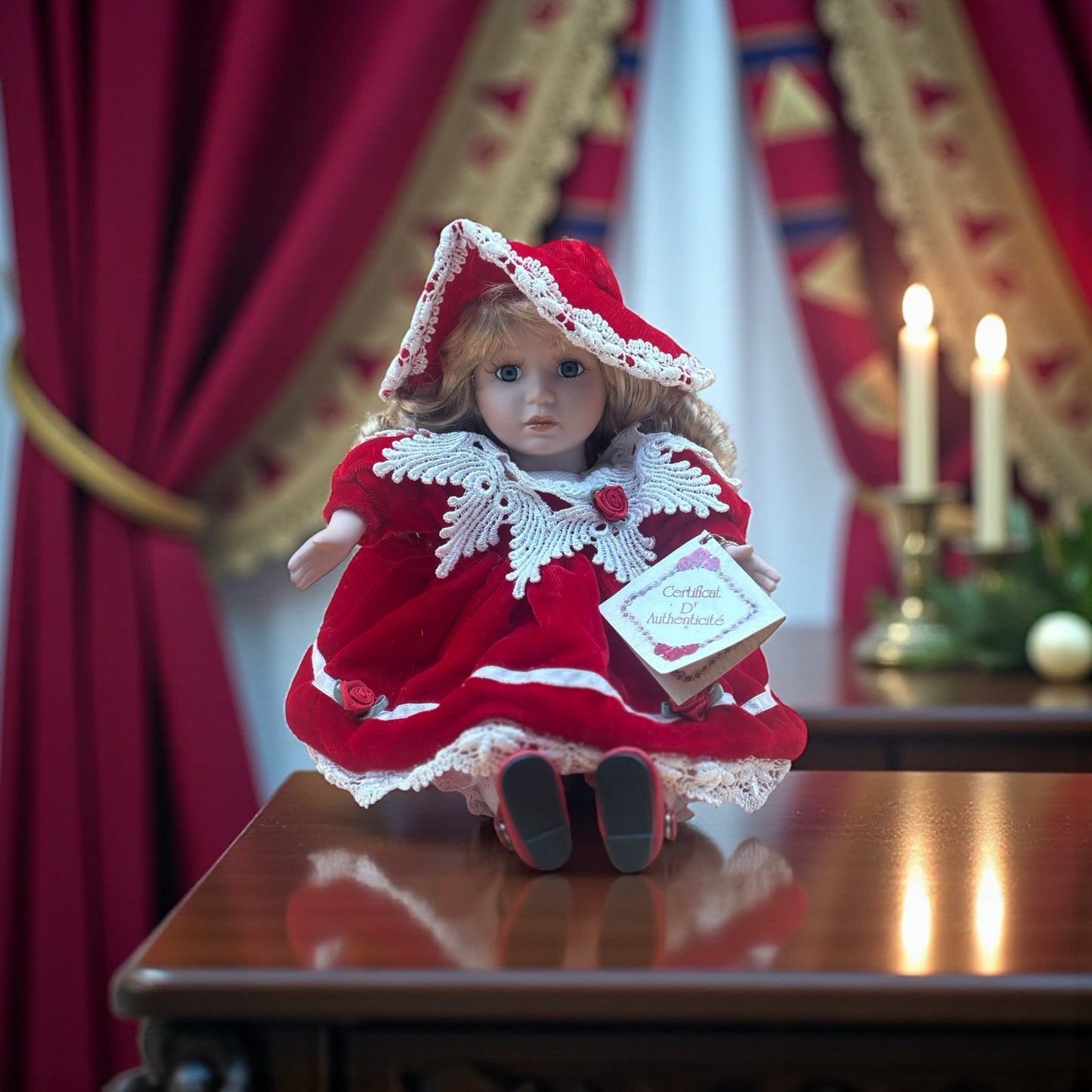 Collector’s Choice Musical Porcelain Doll in Red Velvet Dress with Bonnet