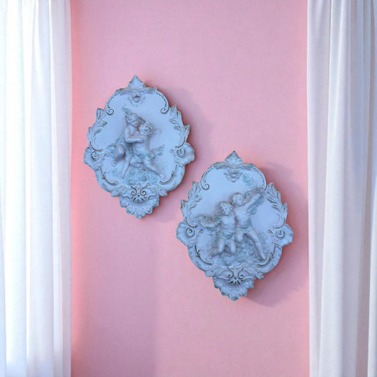 Pair of Alexander Backer Cherub Wall Plaques – Gilded Scrolls & Pastel Detail