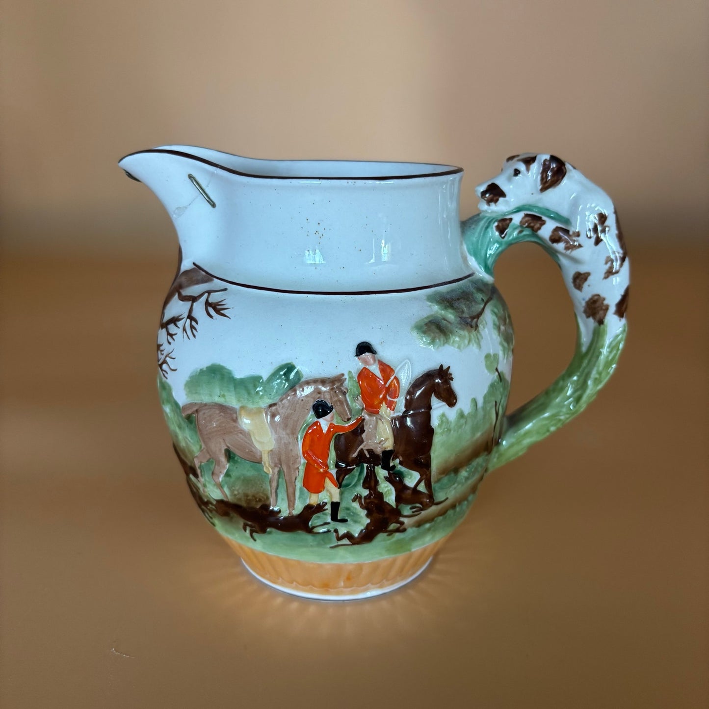 Antique Staffordshire Style Fox Hunt Pitcher with RARE Staple Repair