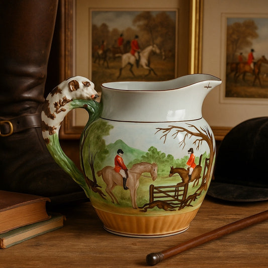 Antique Staffordshire Style Fox Hunt Pitcher with RARE Staple Repair