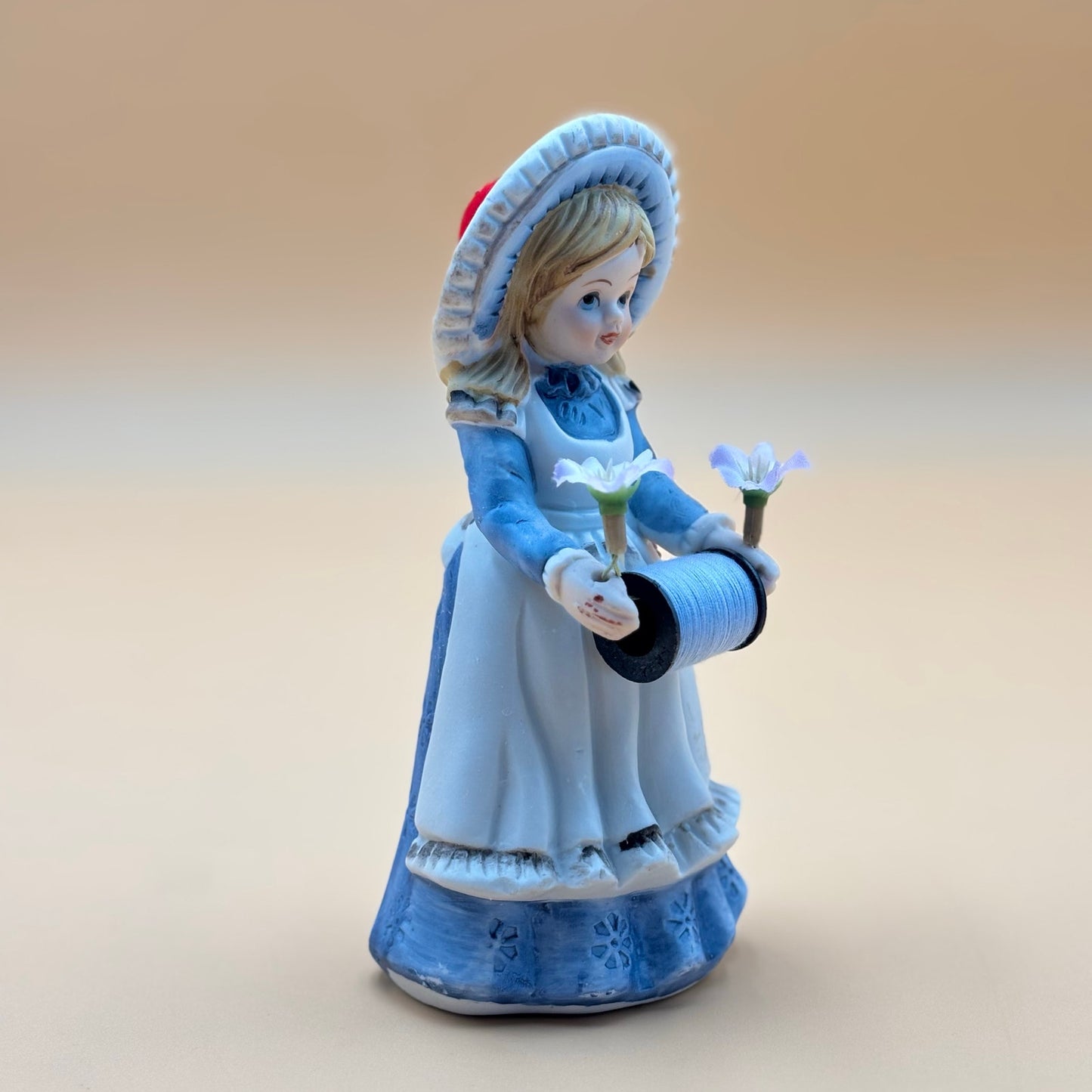 Porcelain Vintage Sewing Girl Figurine with Thread and Pin Cushion Hat