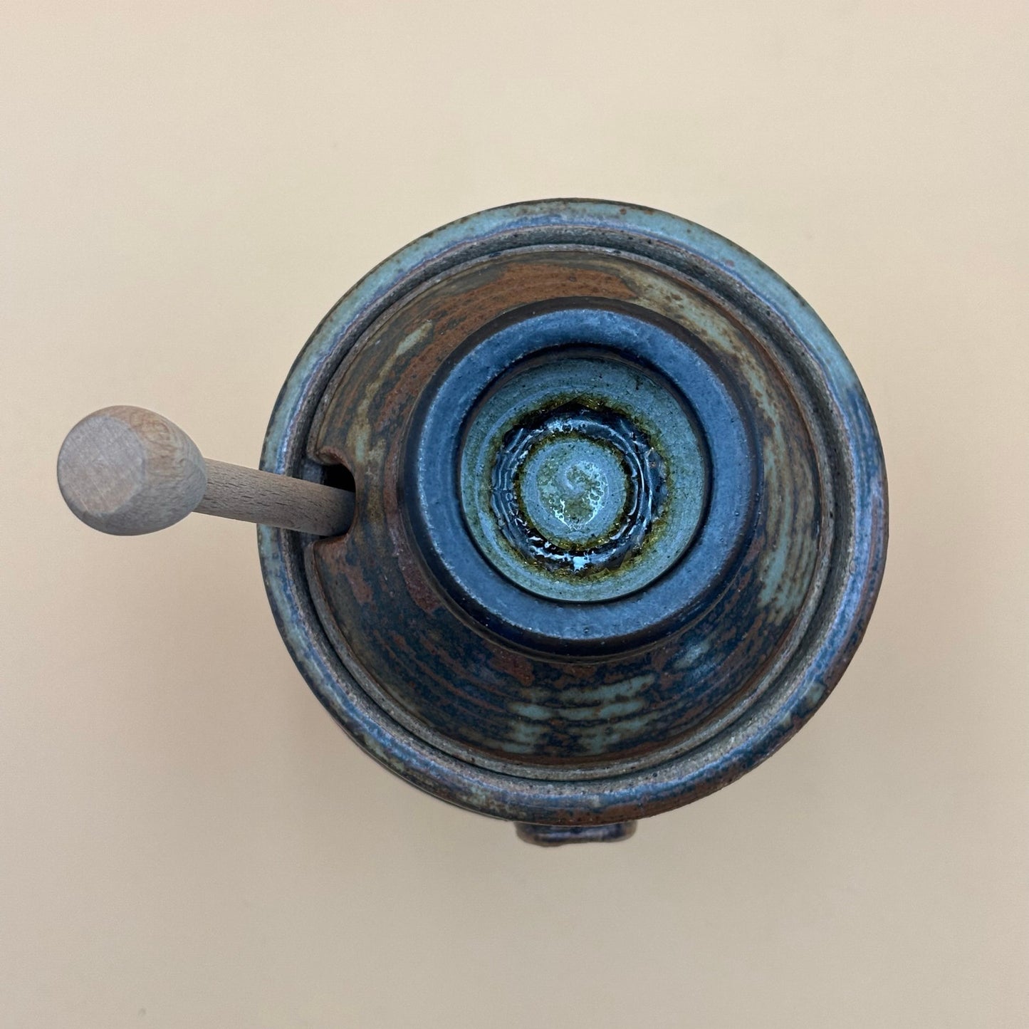 Studio Pottery Honey Jar with Dipper — Olive Green Earth Tone Glaze