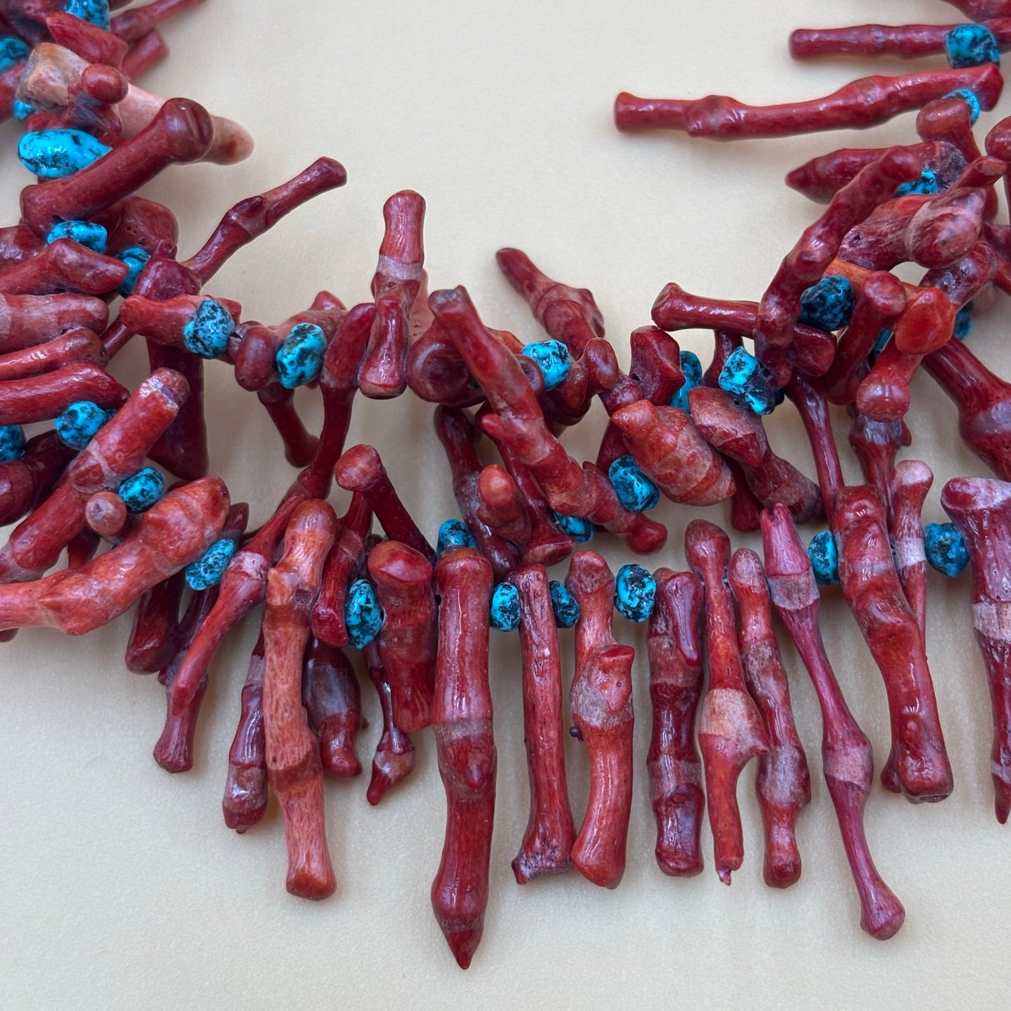 Bold Three-Strand Red Coral Branch & Turquoise Statement Necklace – 18.5″