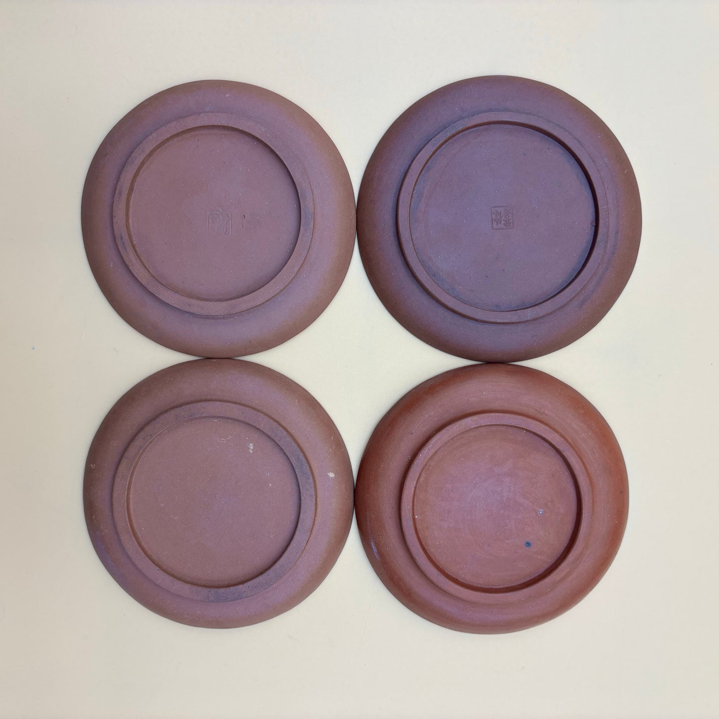 Antique Chinese Yixing-Style Red Clay Teapot Set – 4 Fair Cups & 4 Saucers with Etched Characters