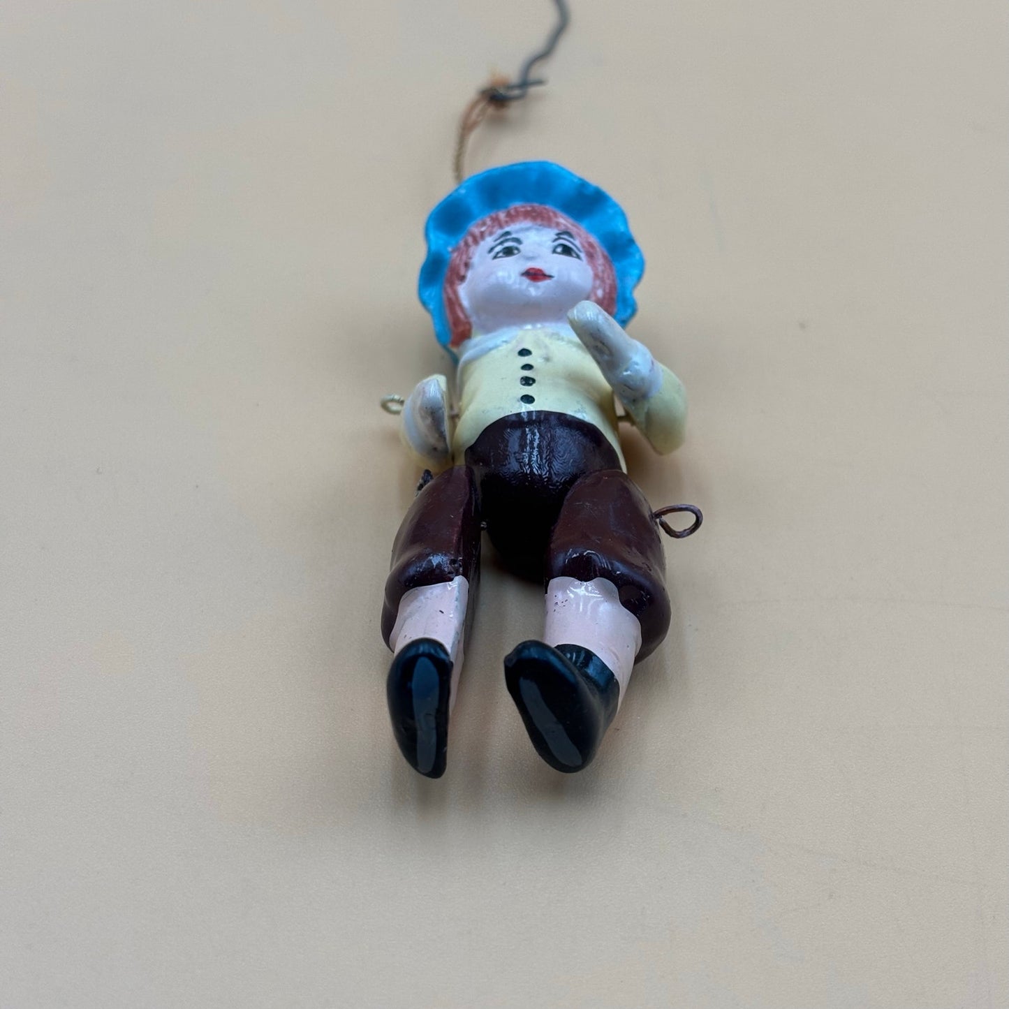 Vintage Hand-Painted Wooden Boy Ornament – Articulated Limbs – 4.25"